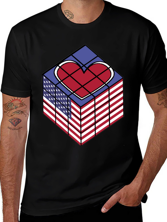 Patriotic Heart Cube Graphic Tee - USA Pride Shirt