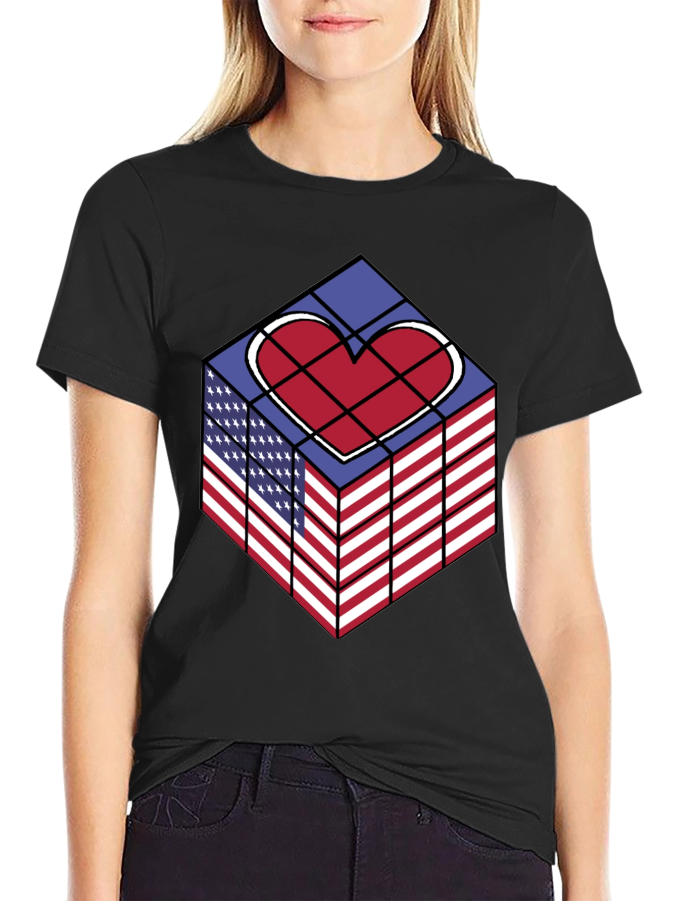 Patriotic Heart Cube Graphic Tee - USA Pride Shirt