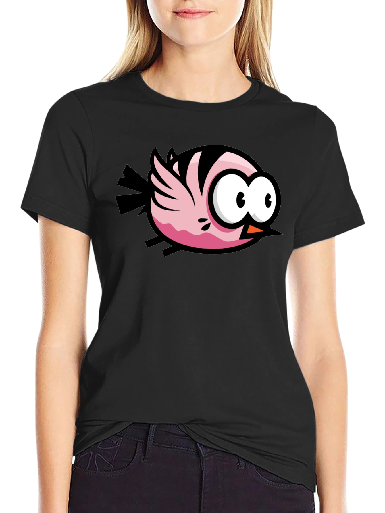 Cartoon Bird Graphic Black T-Shirt
