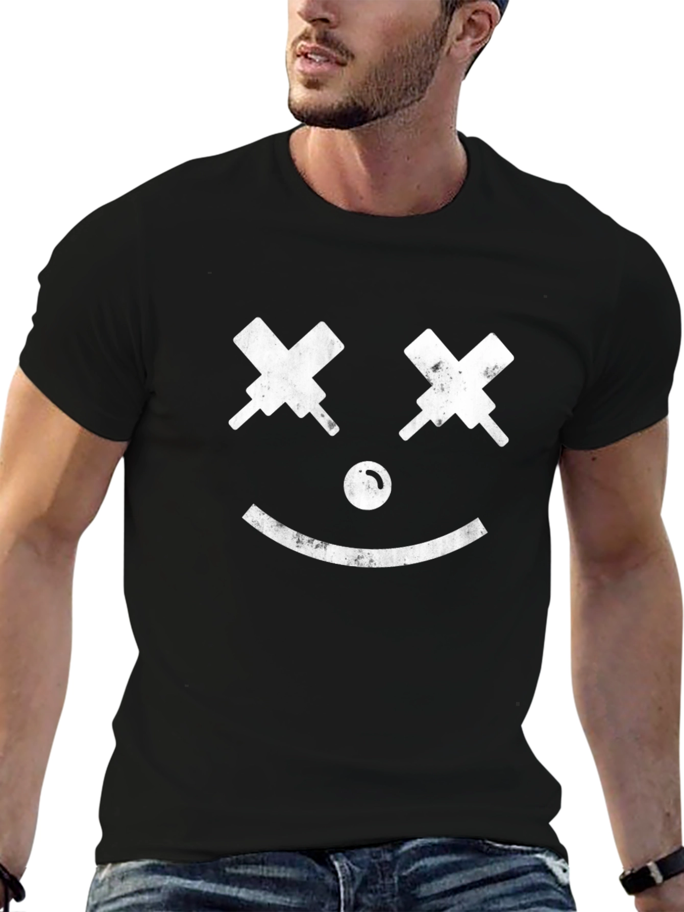 Smiley Face Graphic T-Shirt - Black Cotton Tee
