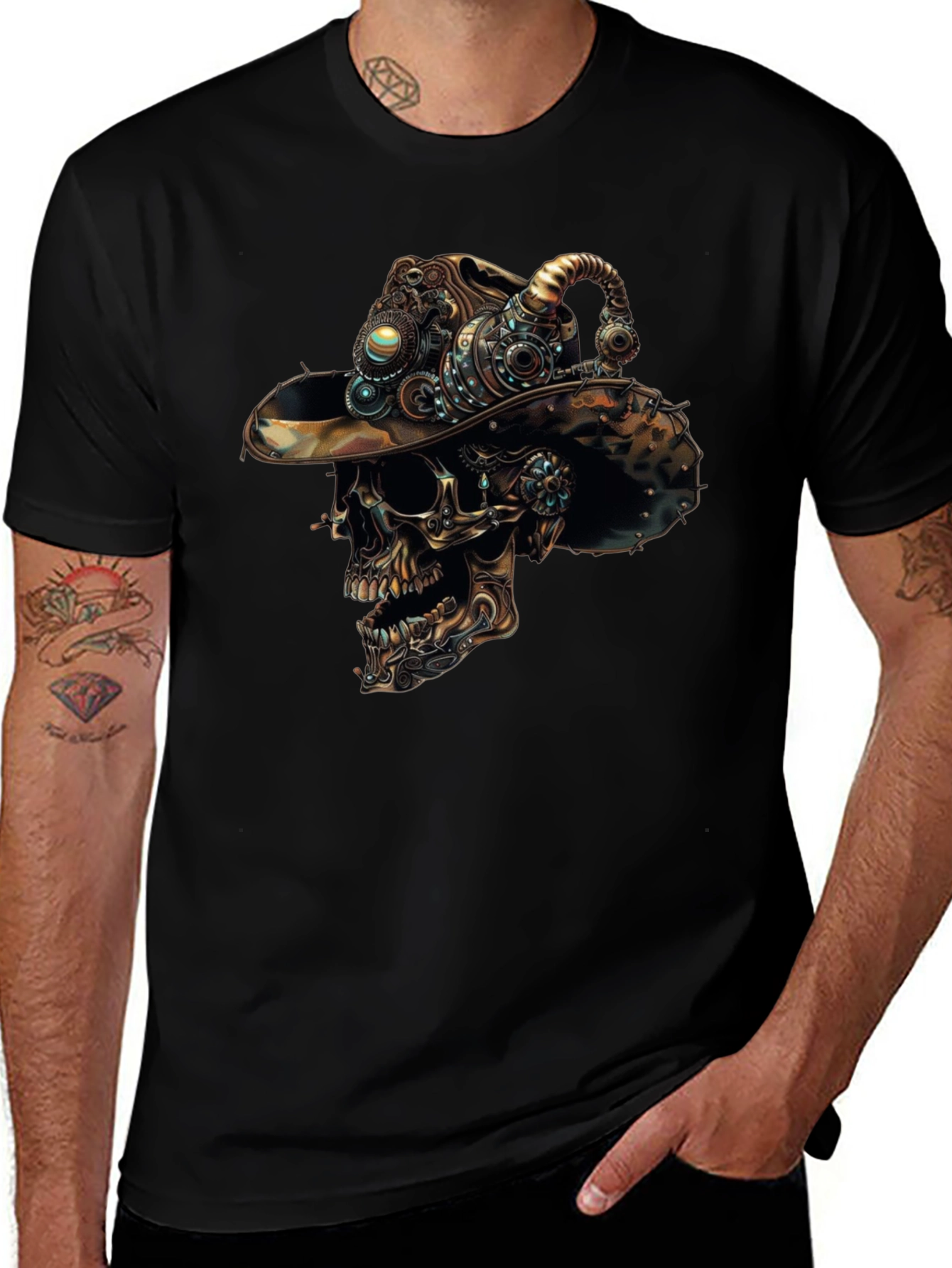 Steampunk Skull Graphic Tee - Mens Black T-Shirt