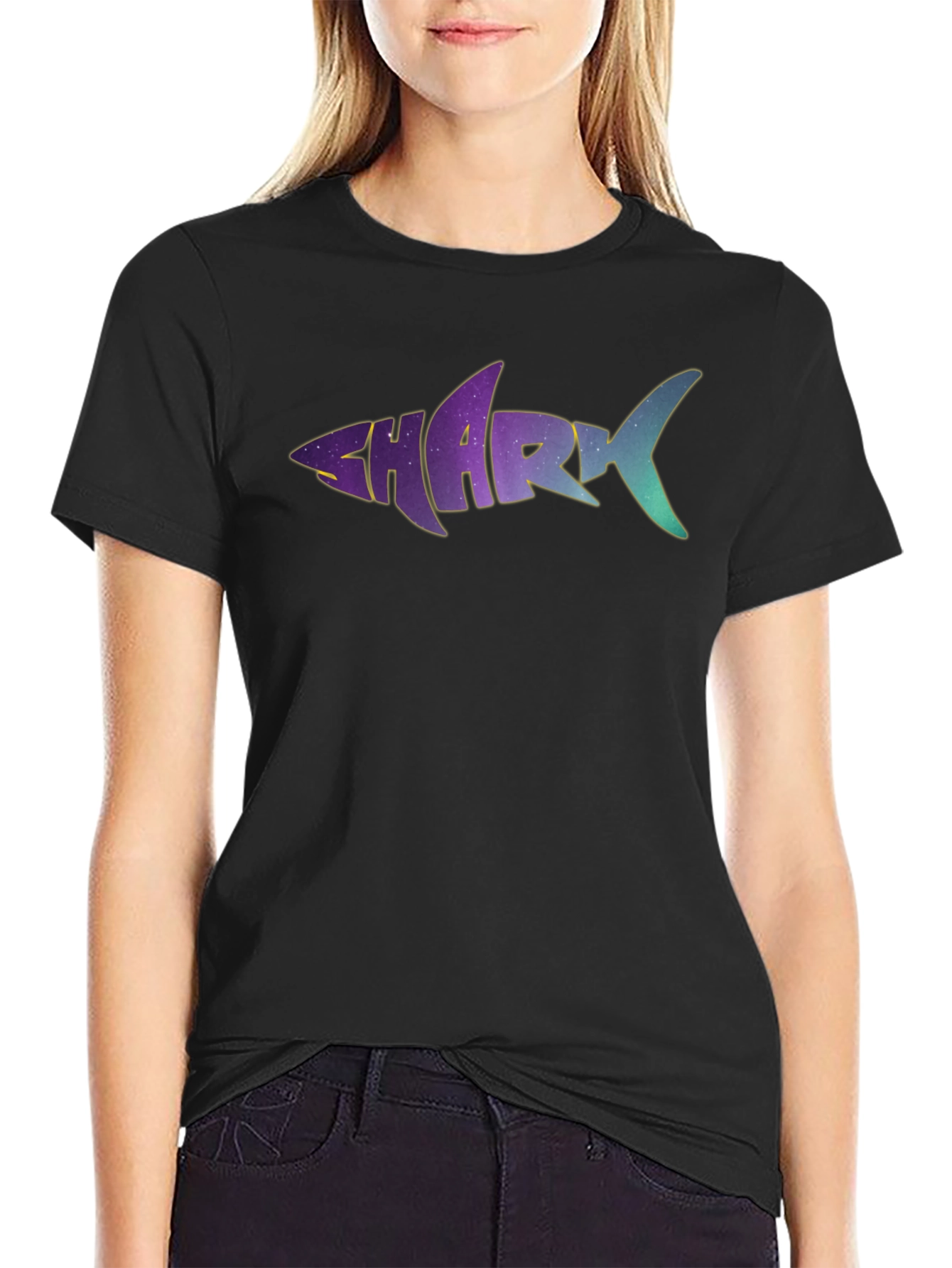 Shark Word Galaxy Graphic Black T-Shirt
