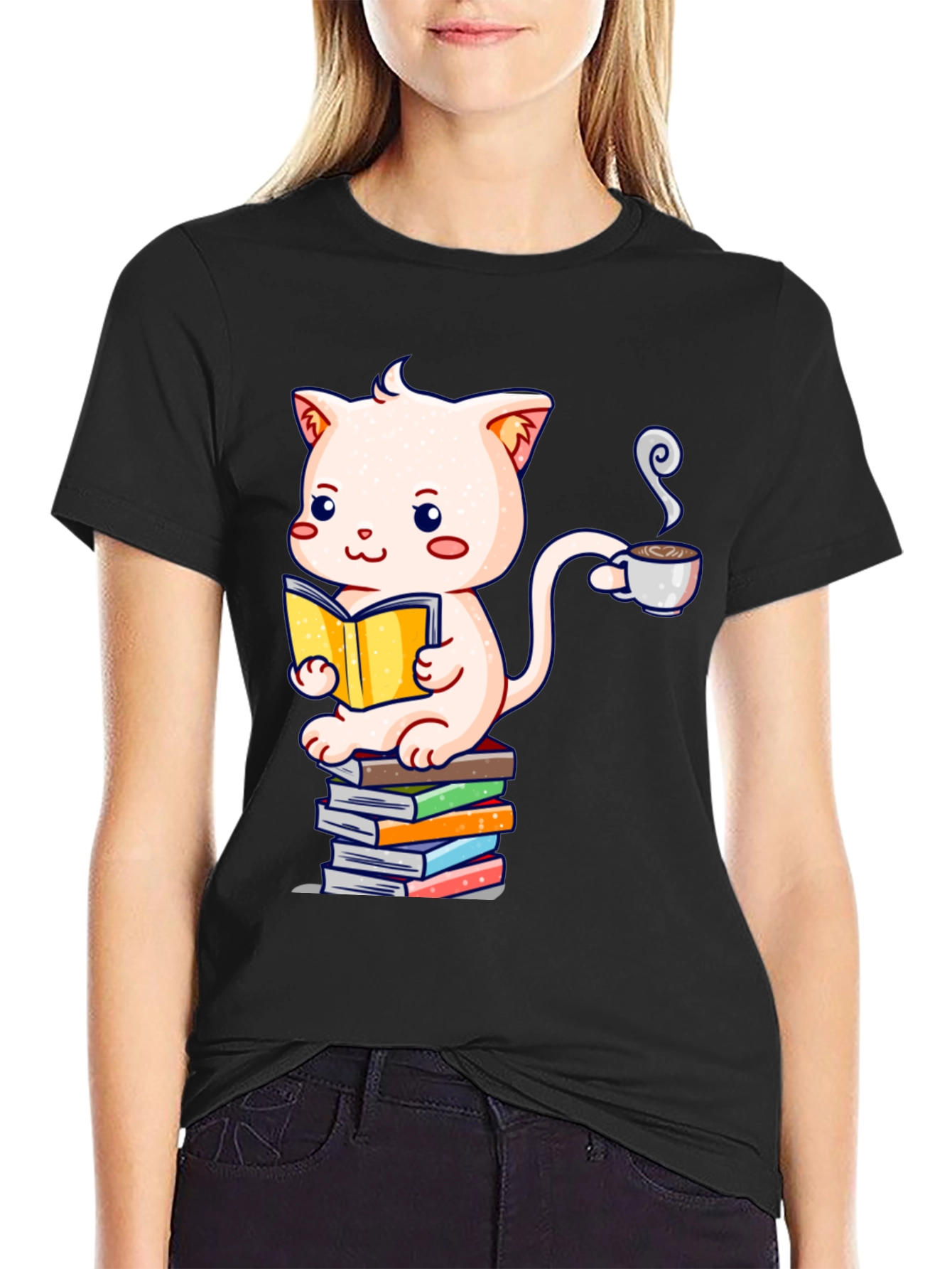 Cute Cat Reading Book Graphic T-Shirt