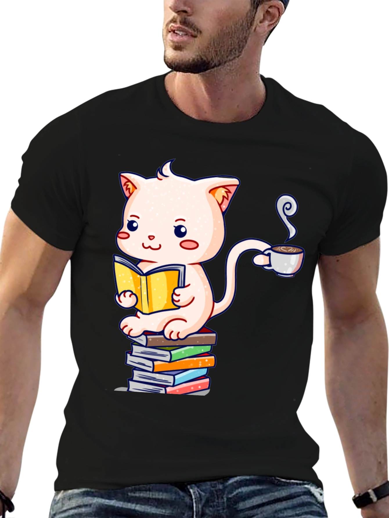 Cute Cat Reading Book Graphic T-Shirt