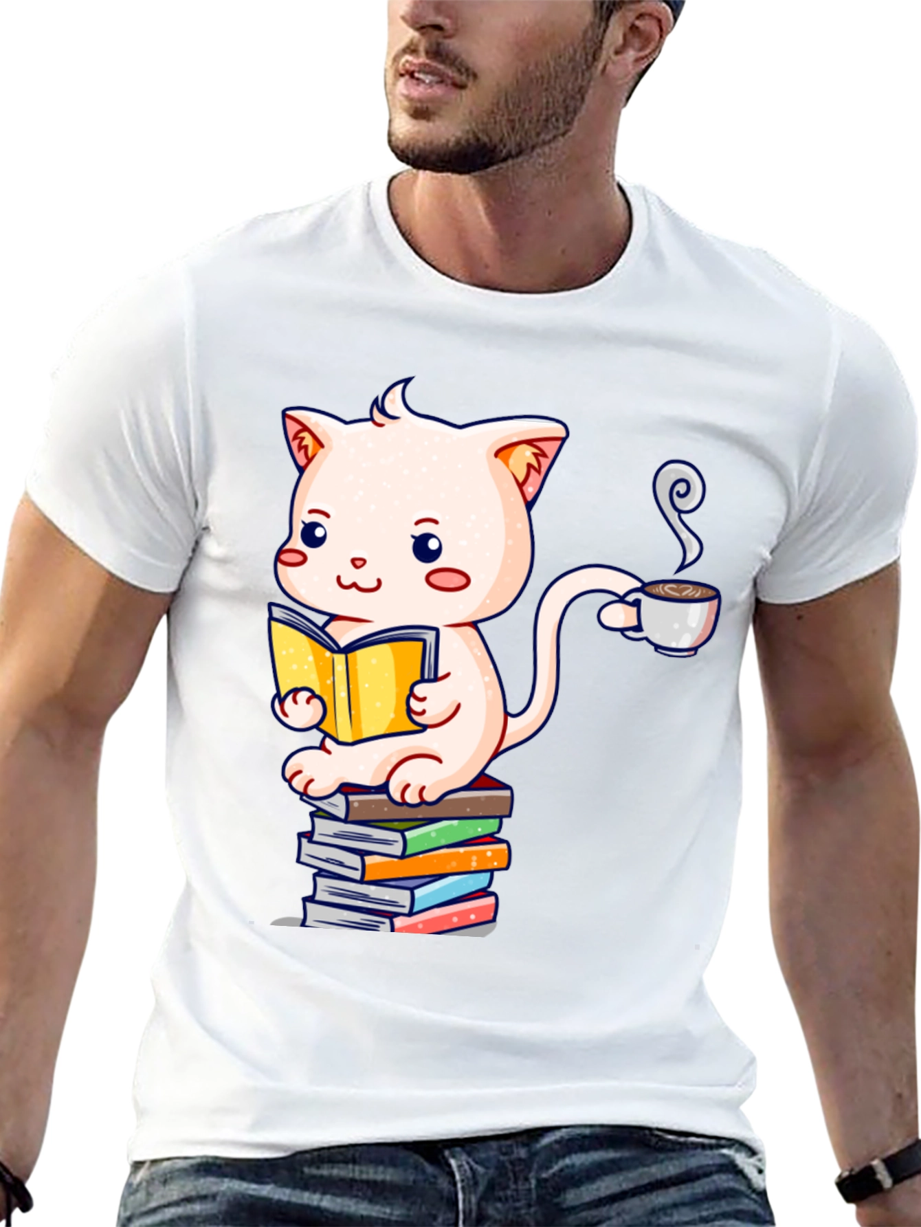 Cute Cat Reading Book Graphic T-Shirt