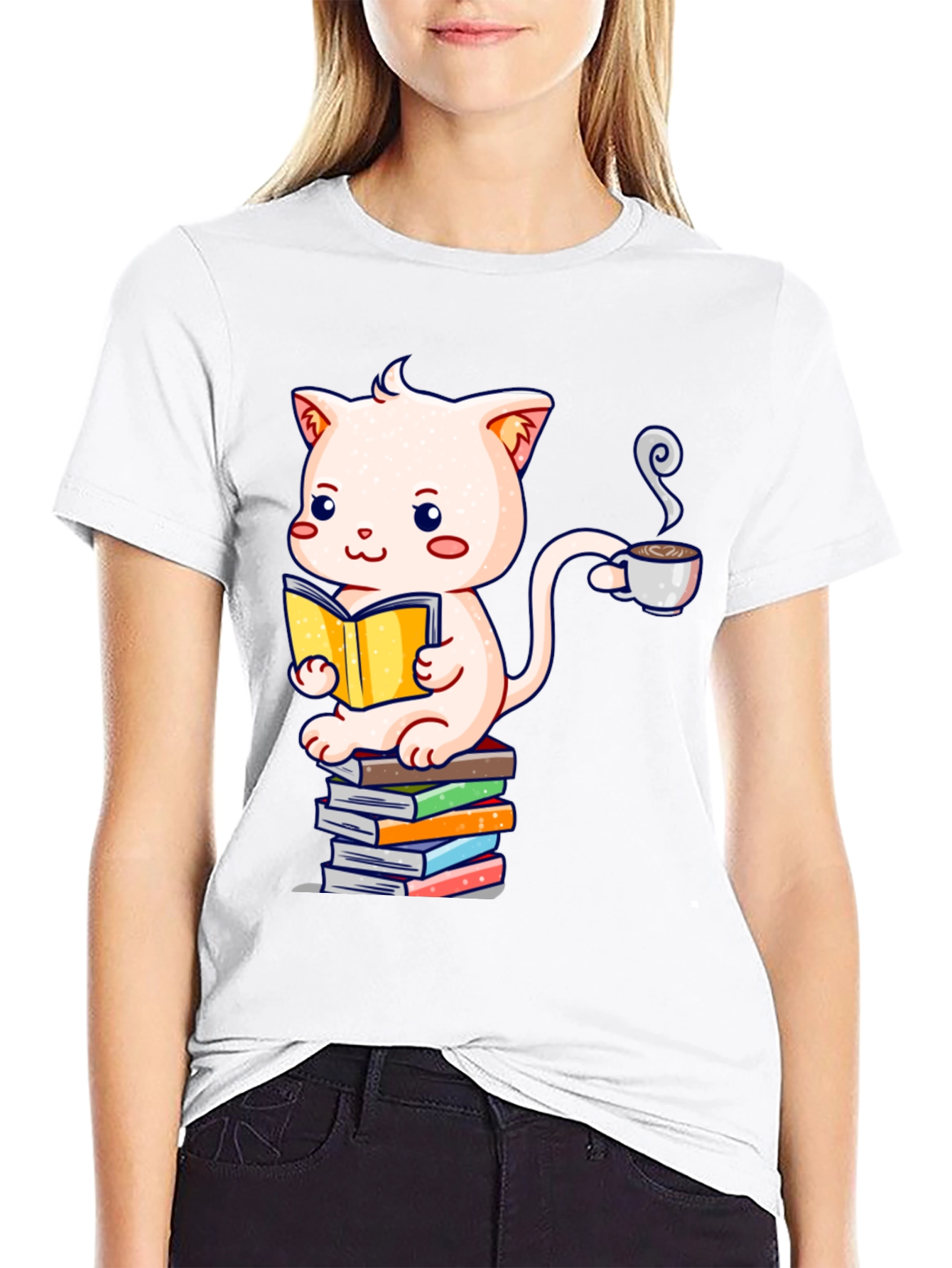 Cute Cat Reading Book Graphic T-Shirt
