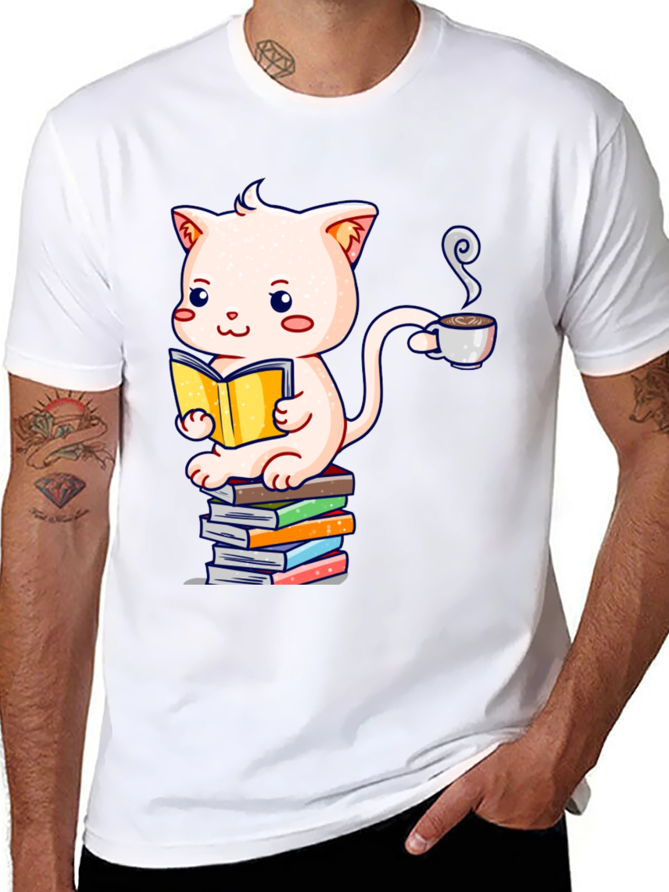 Cute Cat Reading Book Graphic T-Shirt