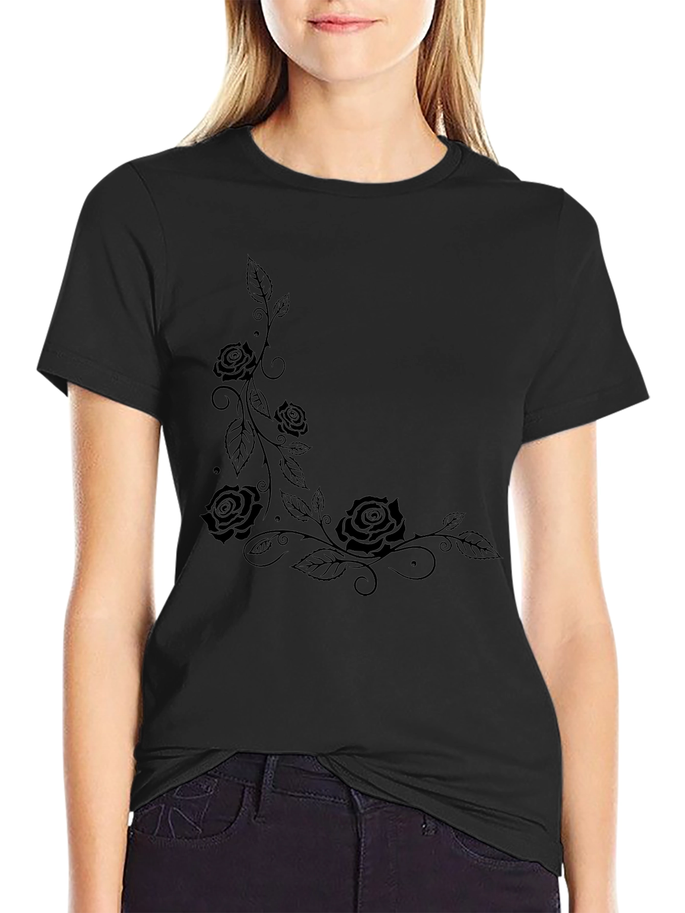 Black Rose Vine Graphic Tee - Casual Style