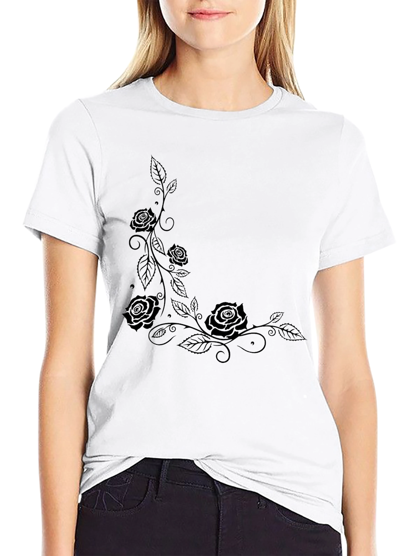 Black Rose Vine Graphic Tee - Casual Style