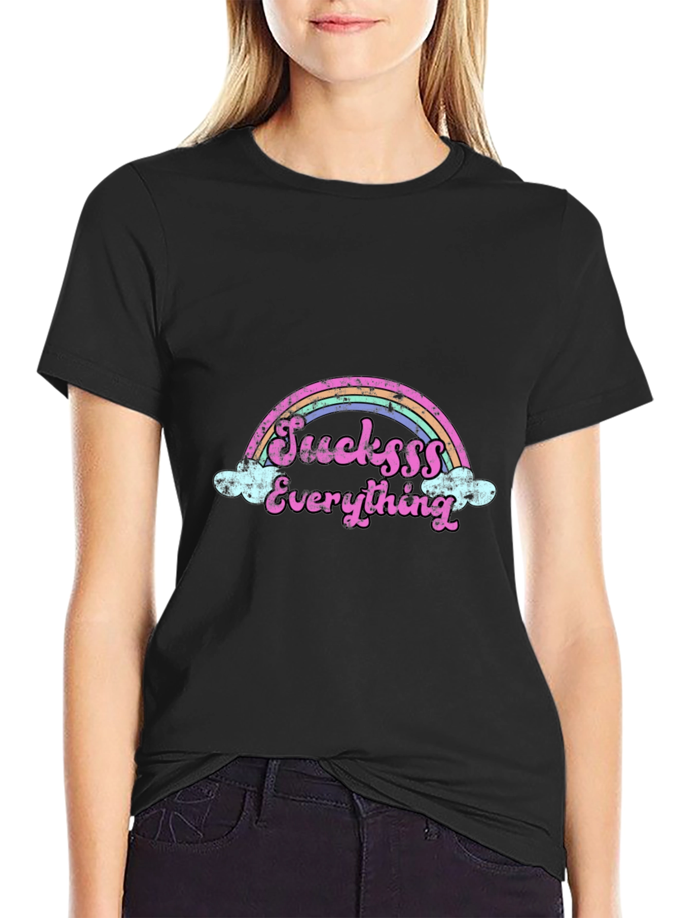 Sucksss Everything Rainbow Graphic Black T-Shirt