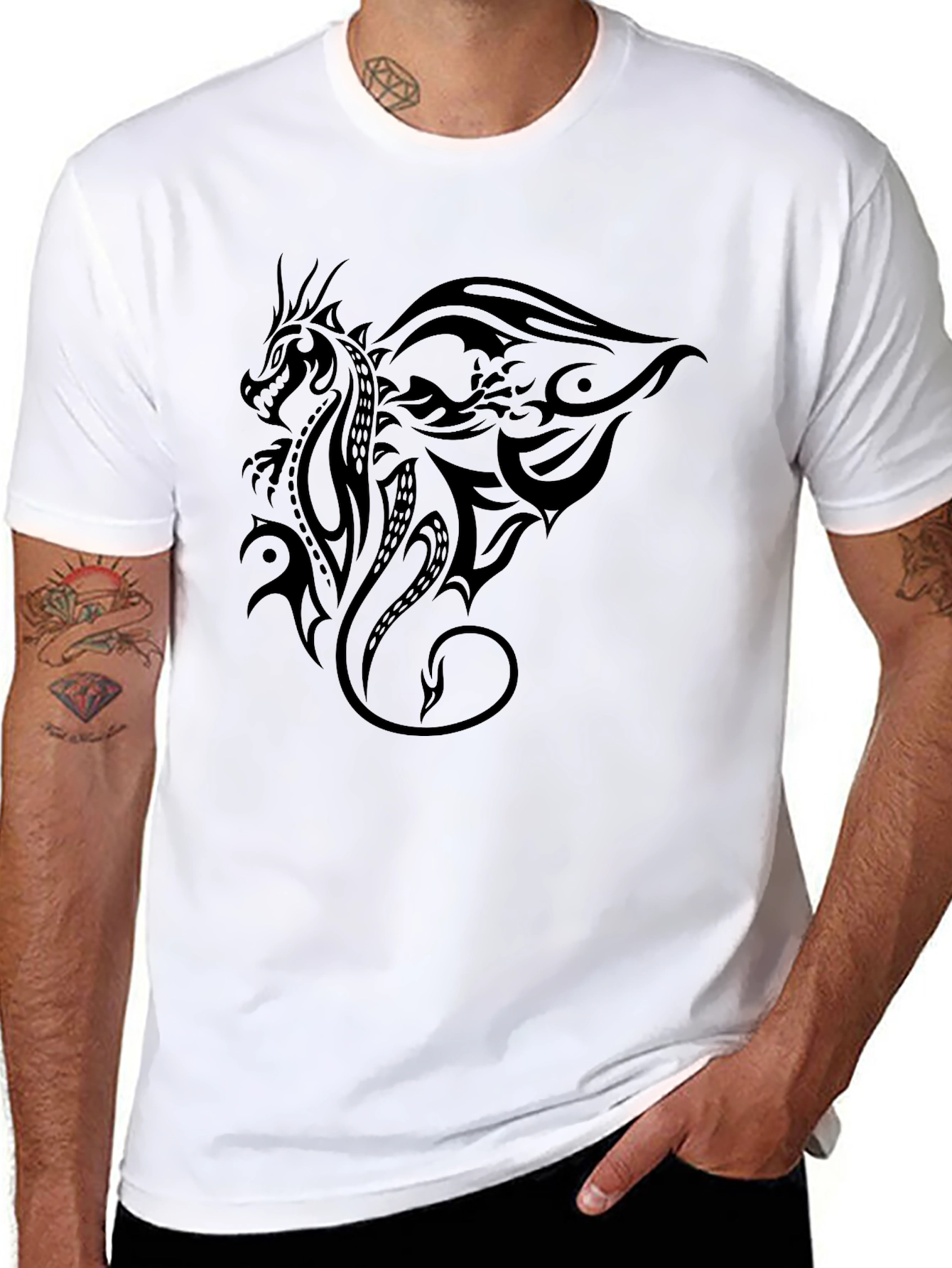 Tribal Dragon Graphic Print Black T-Shirt