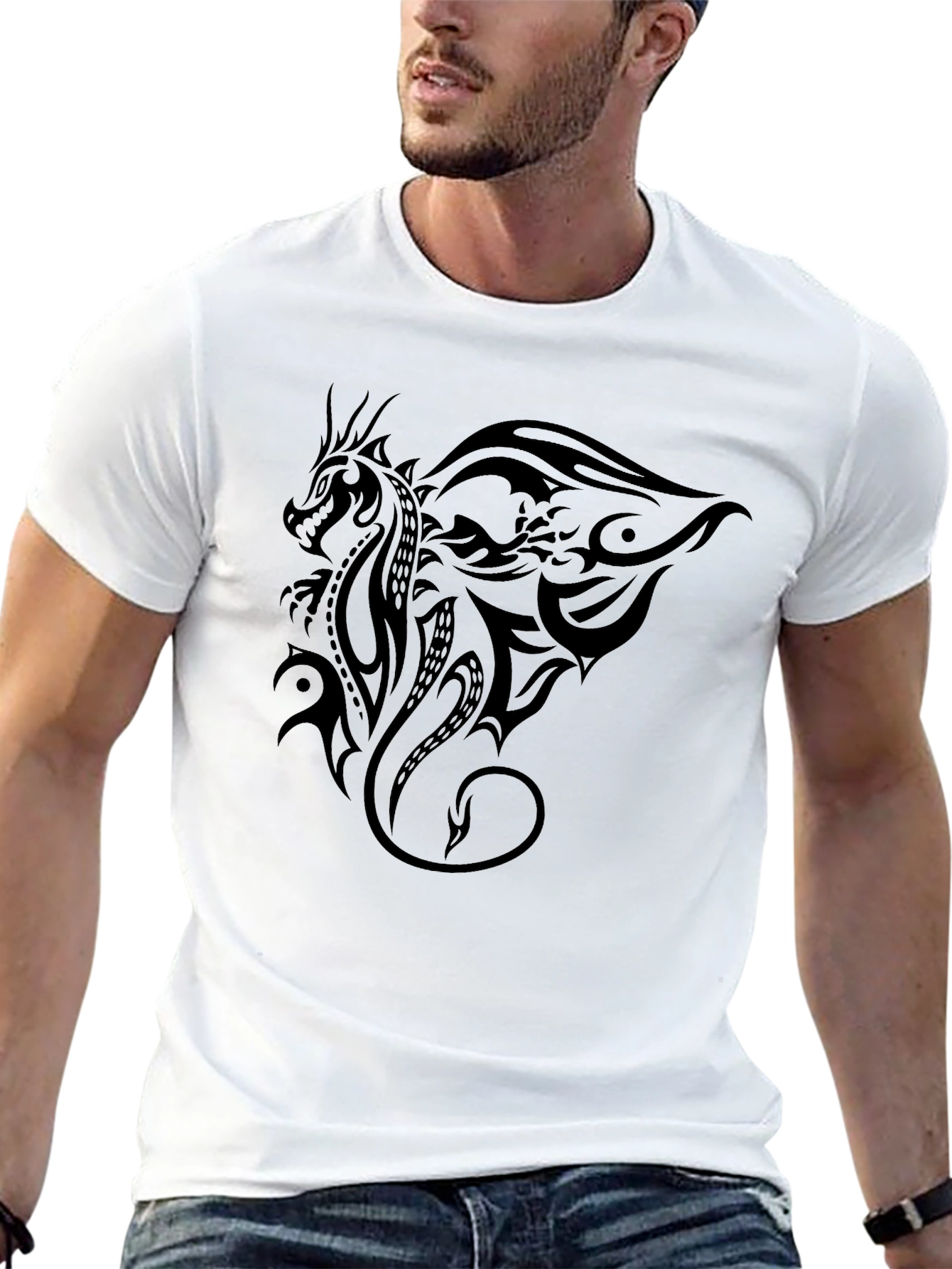Tribal Dragon Graphic Print Black T-Shirt