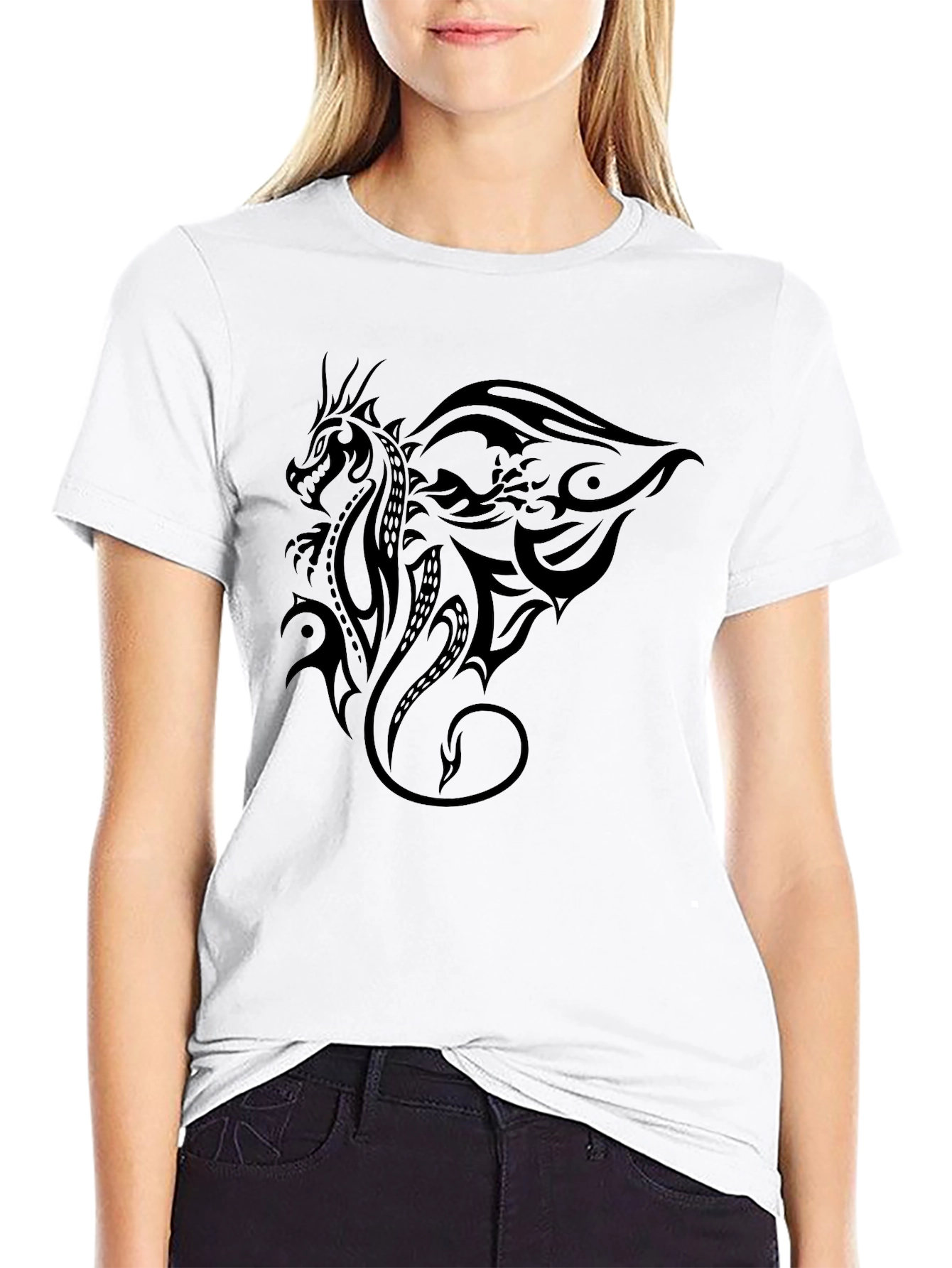 Tribal Dragon Graphic Print Black T-Shirt