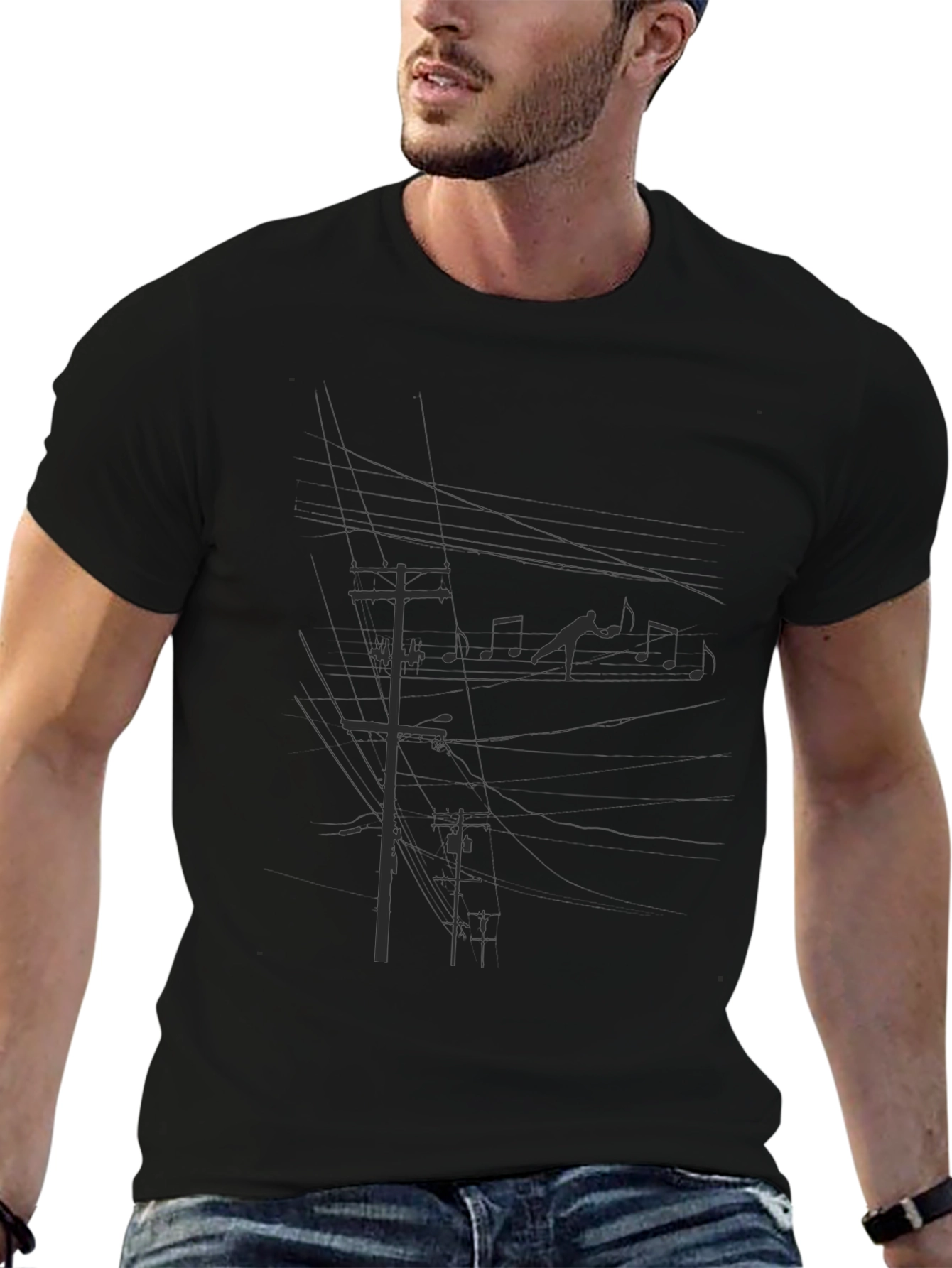 Black Graphic Tee - Power Lines and Music