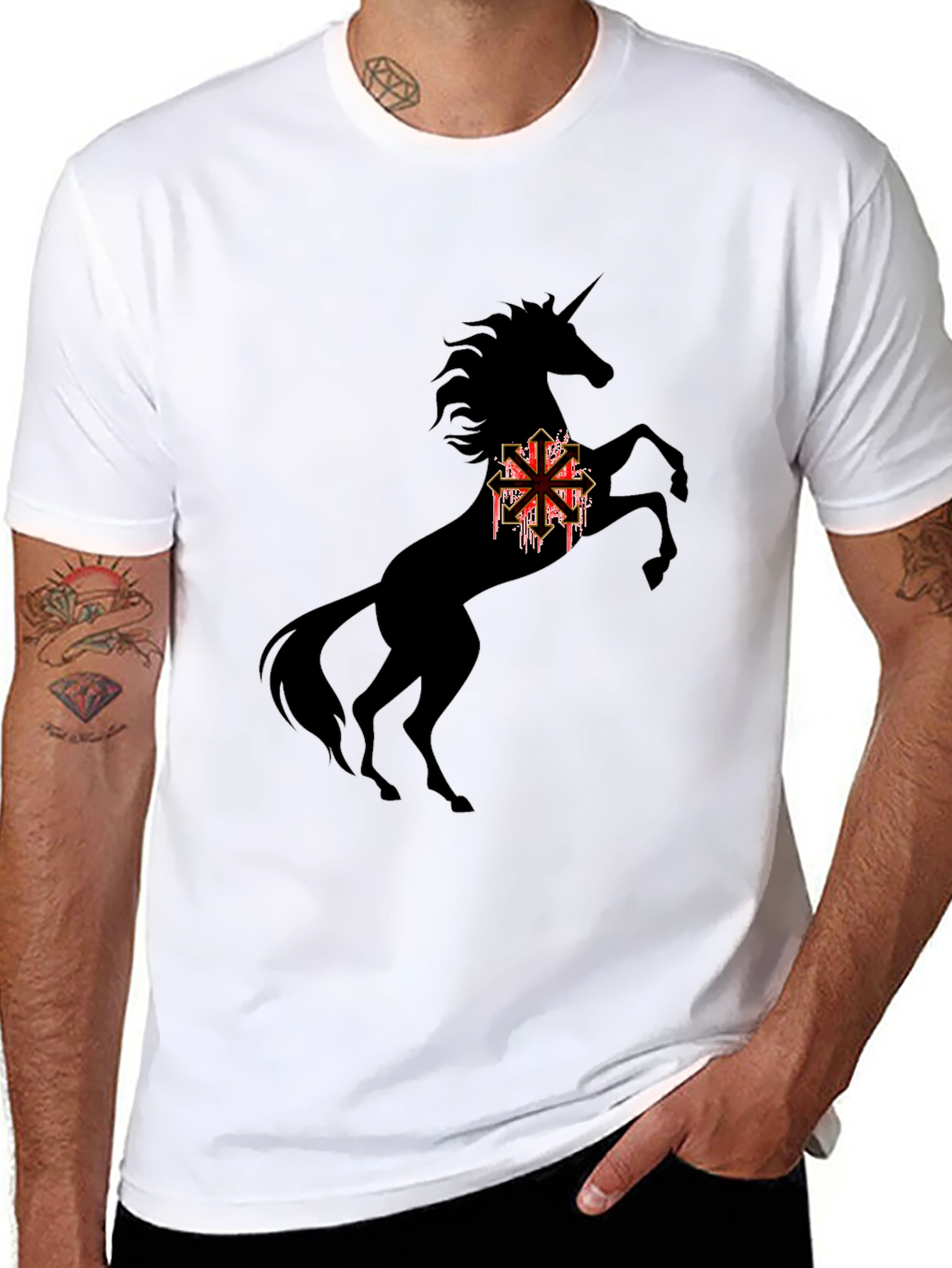 Black Unicorn T-Shirt with Chaotic Symbol