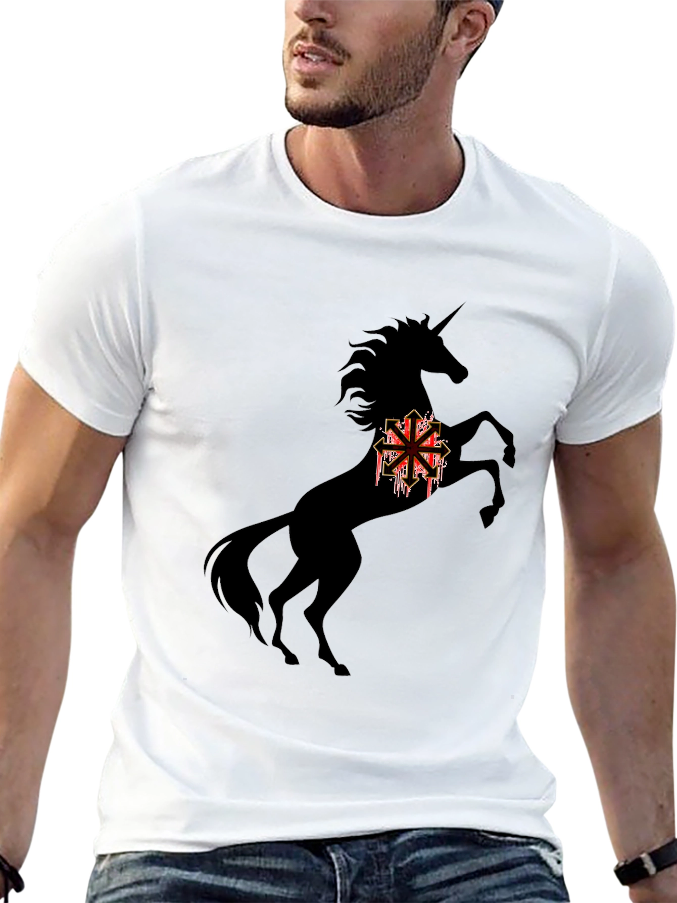 Black Unicorn T-Shirt with Chaotic Symbol