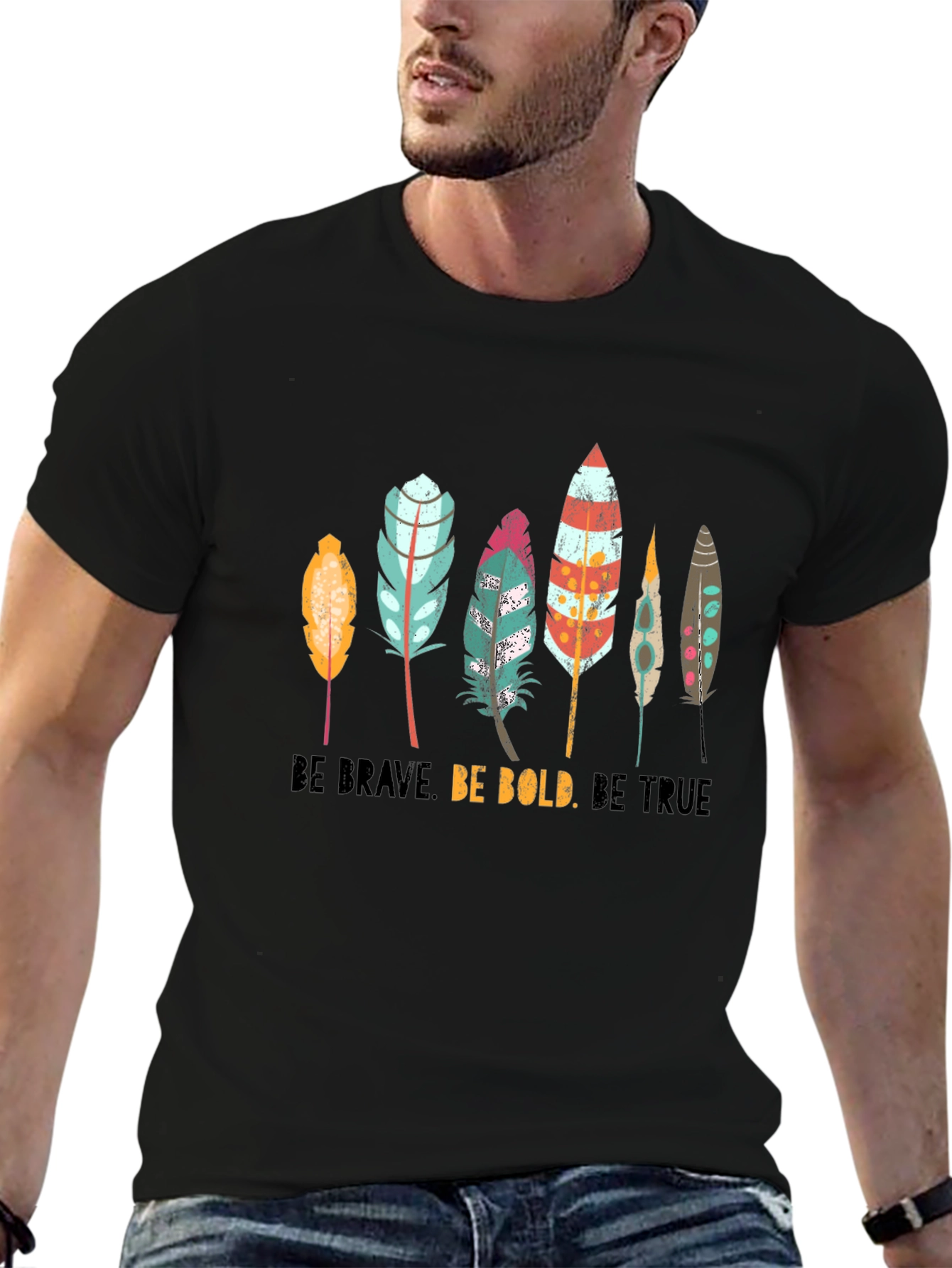 Boho Feather Graphic T-Shirt - Be Brave Bold True