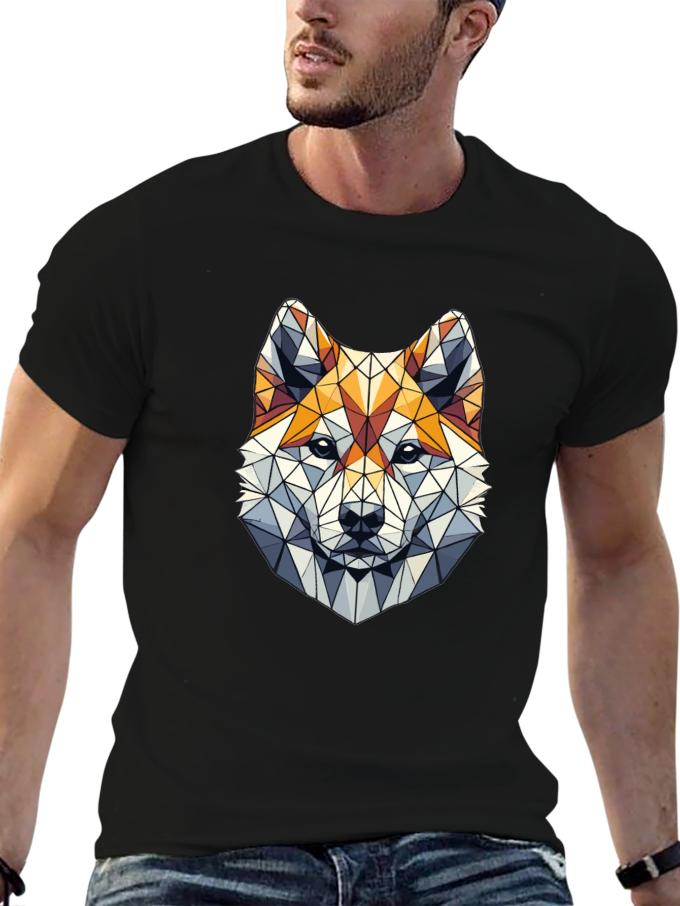 Geometric Dog Head Graphic Black T-Shirt