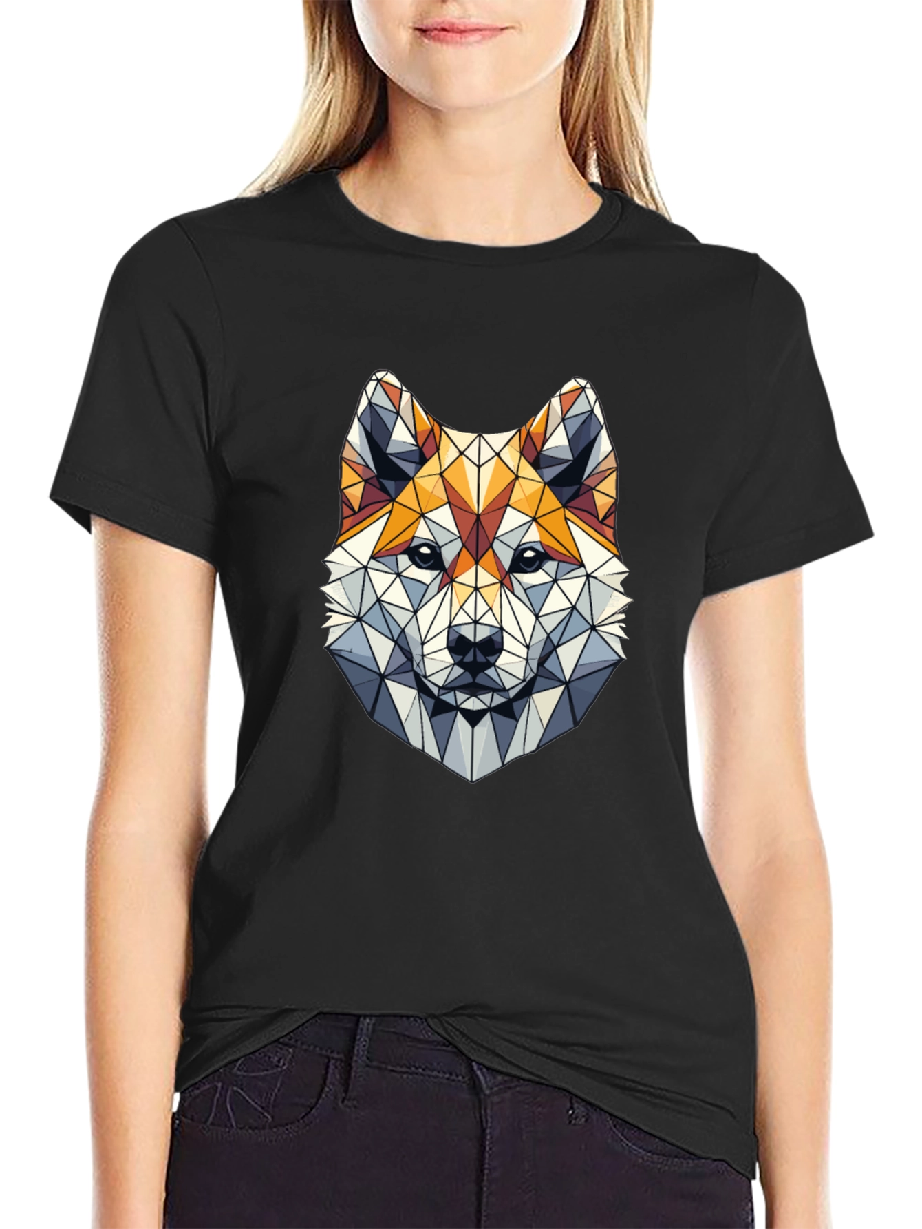 Geometric Dog Head Graphic Black T-Shirt