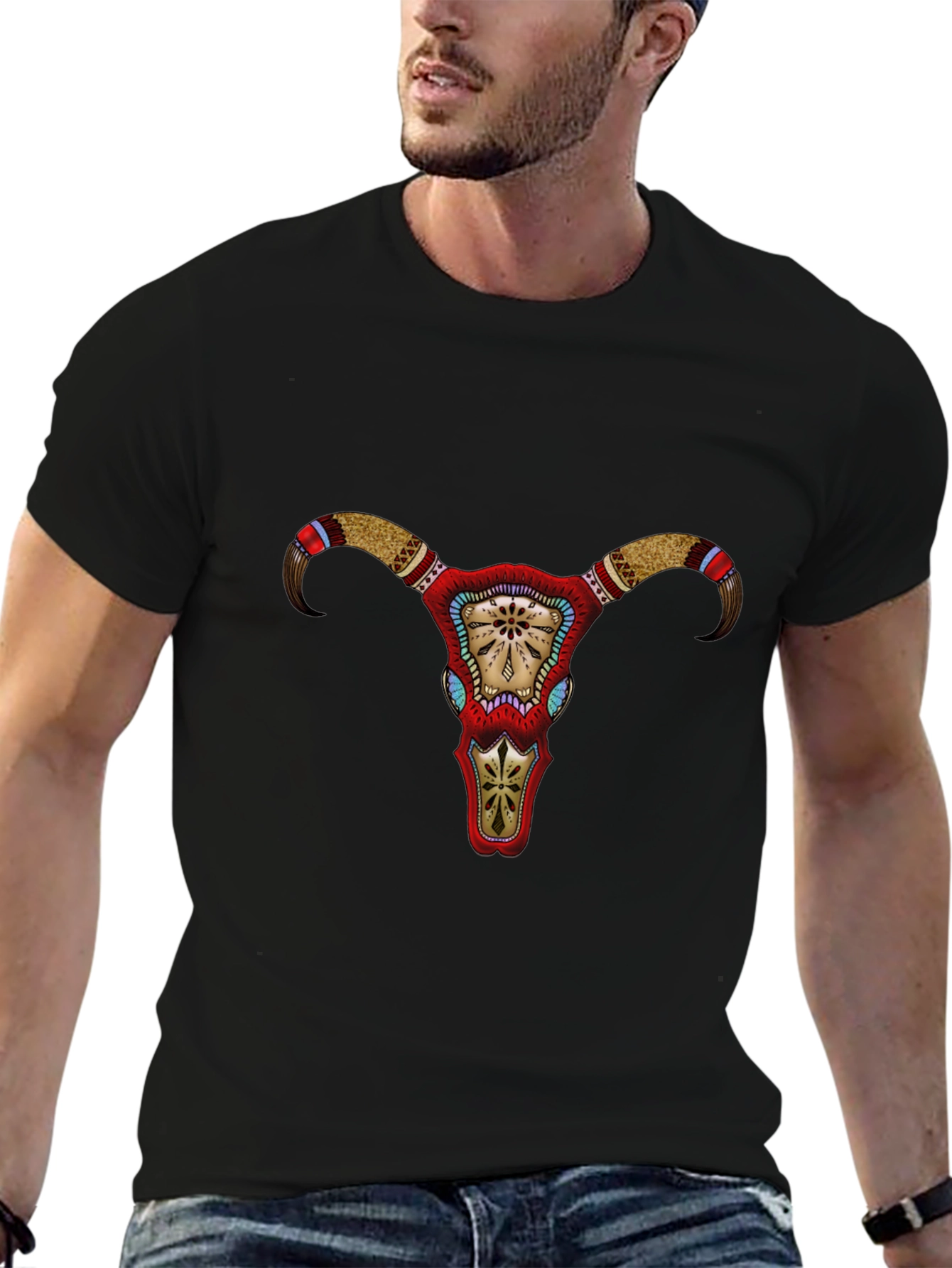 Bull Skull Graphic Tee - Tribal Design