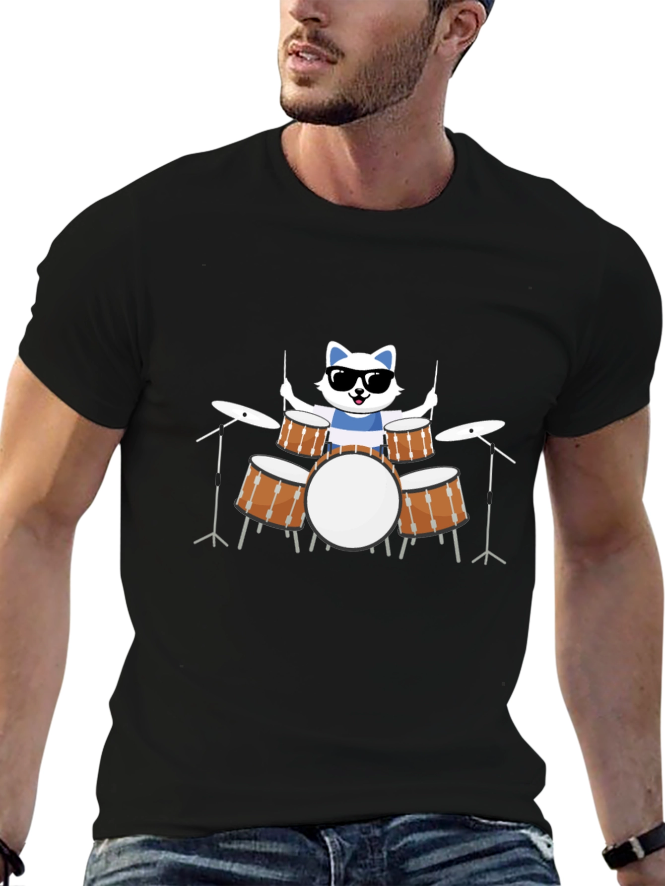 Cool Cat Drummer Black T-Shirt