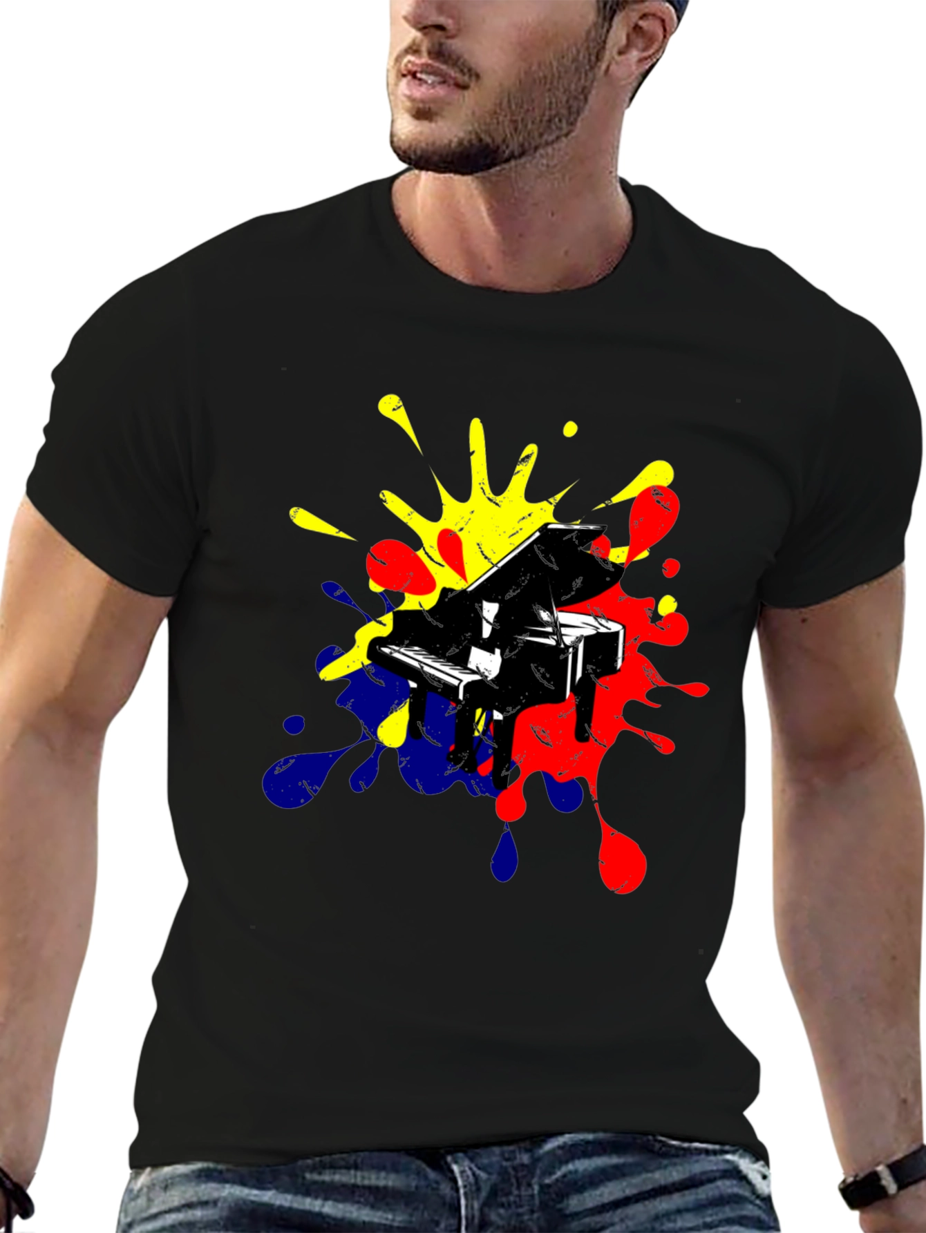 Piano Splash Graphic Tee - Music Lovers Black T-Shirt