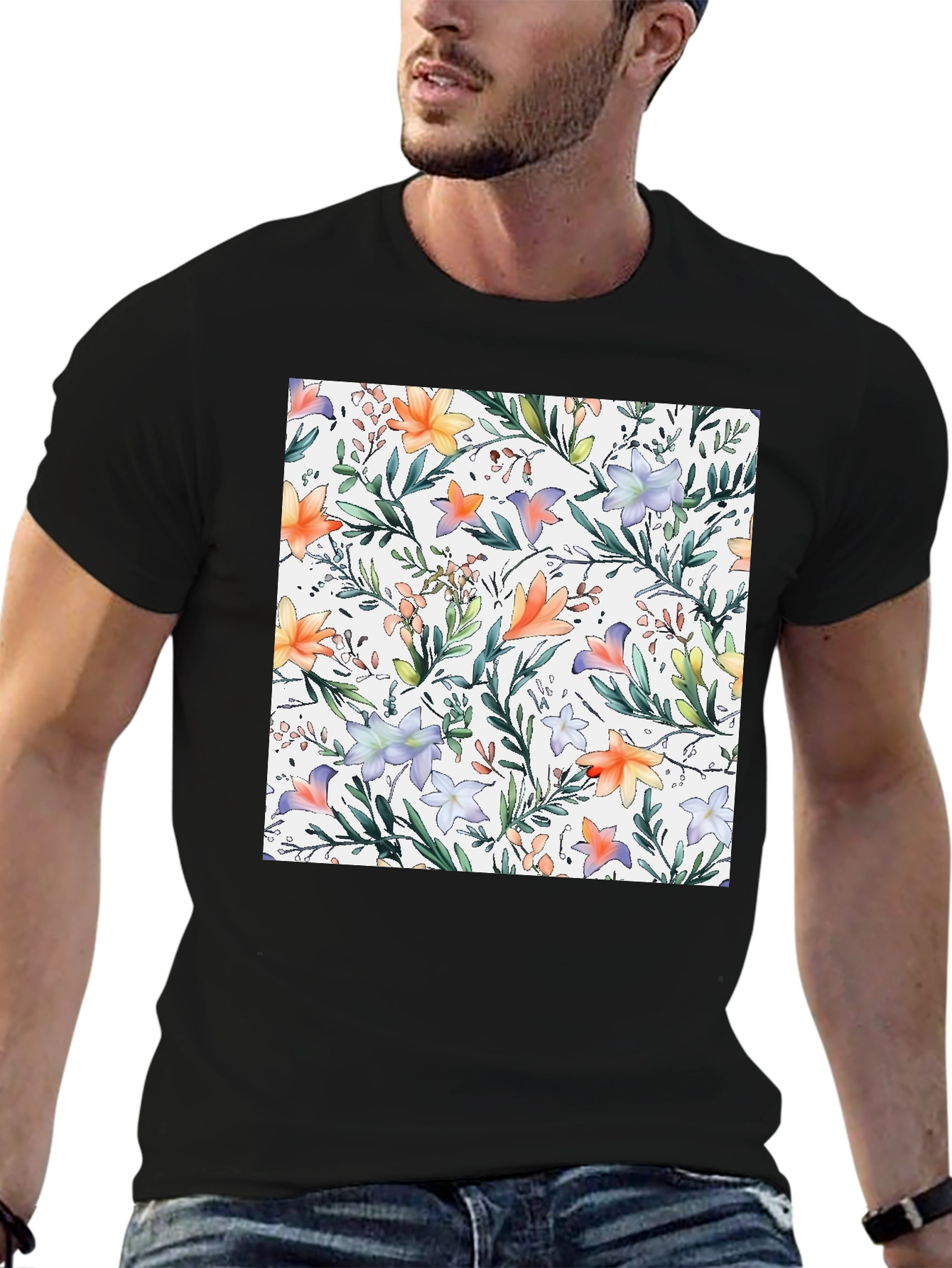 Floral Print Black T-Shirt - Stylish Casual Wear
