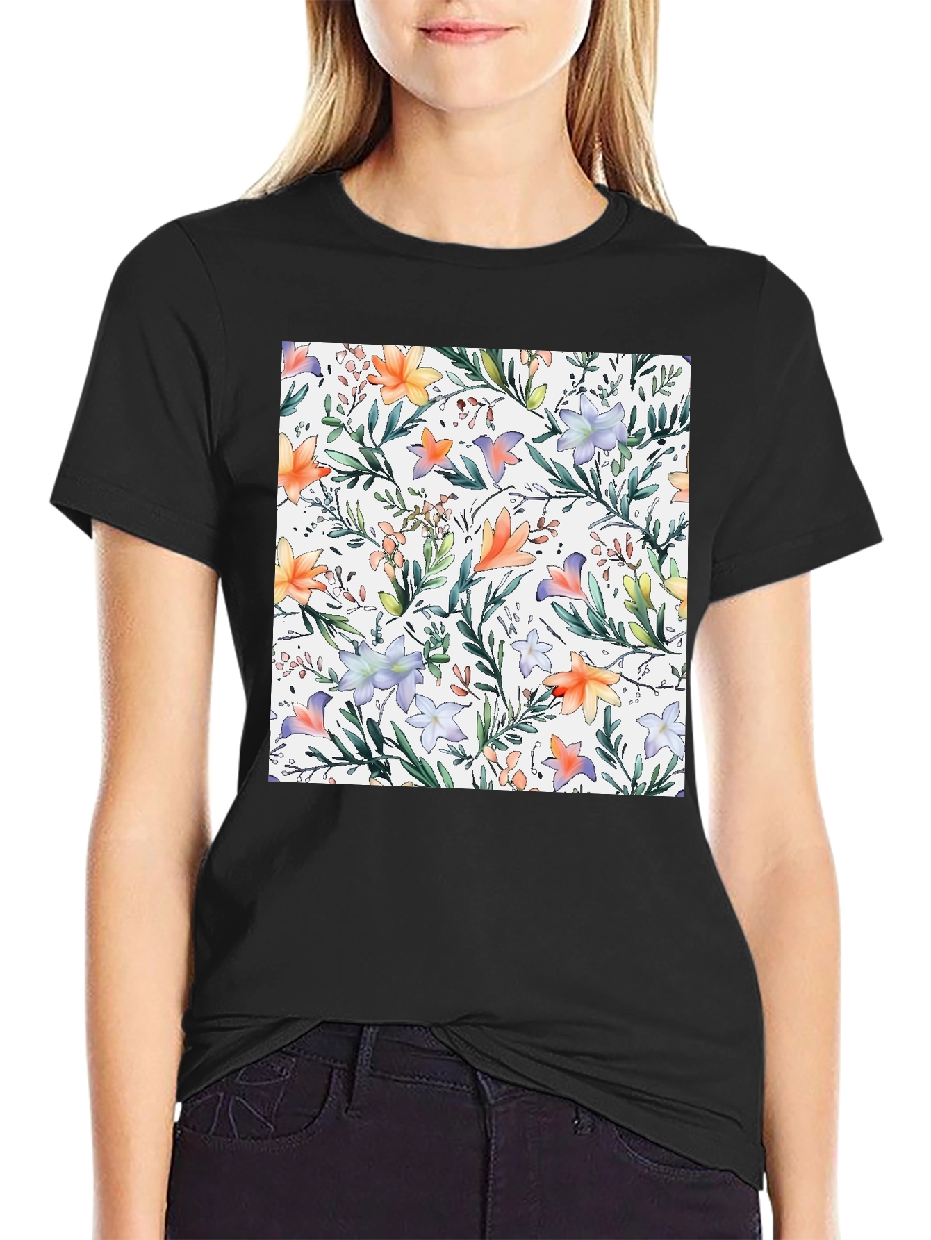 Floral Print Black T-Shirt - Stylish Casual Wear