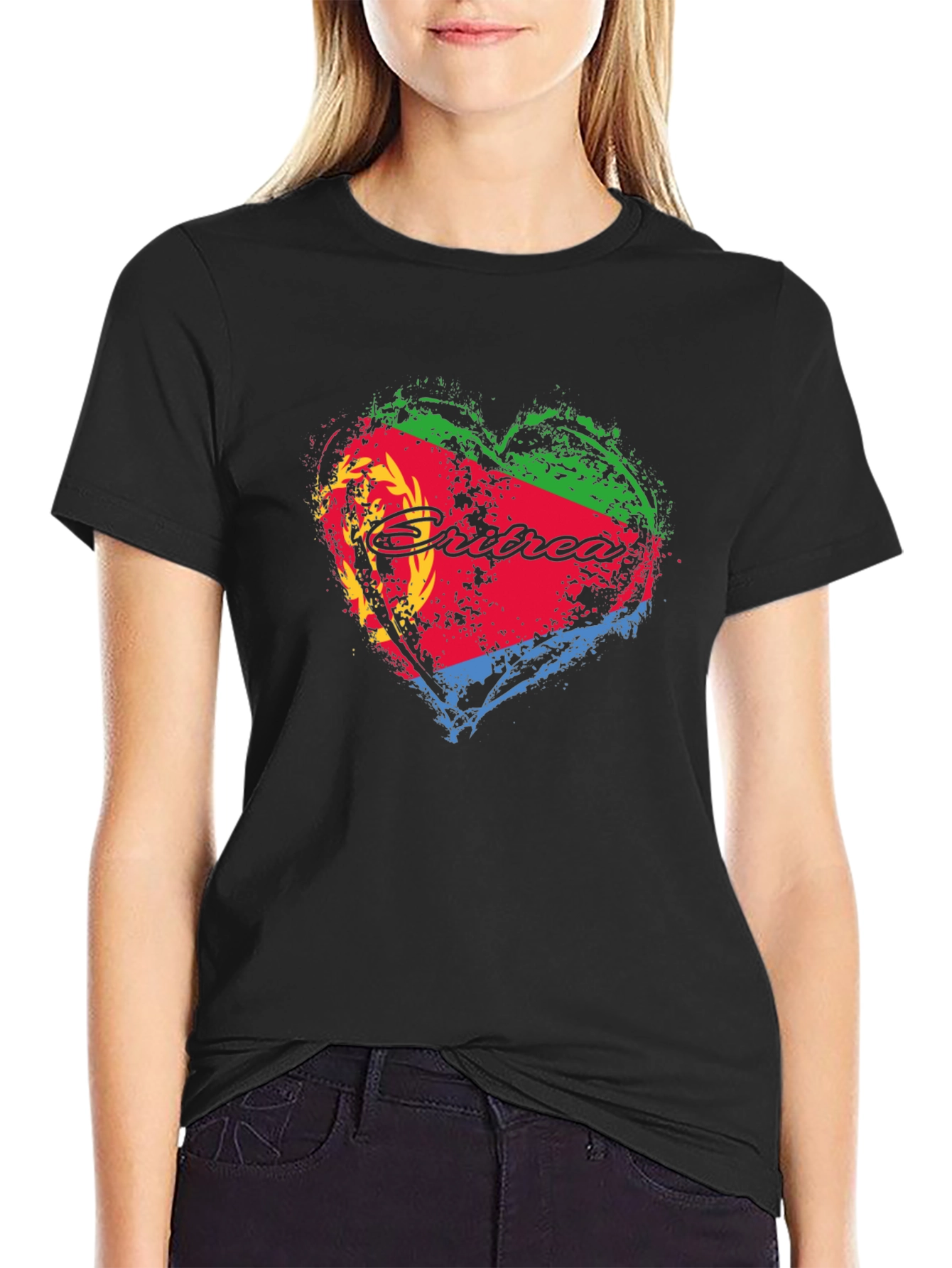 Eritrea Flag Heart Graphic T-Shirt - Black