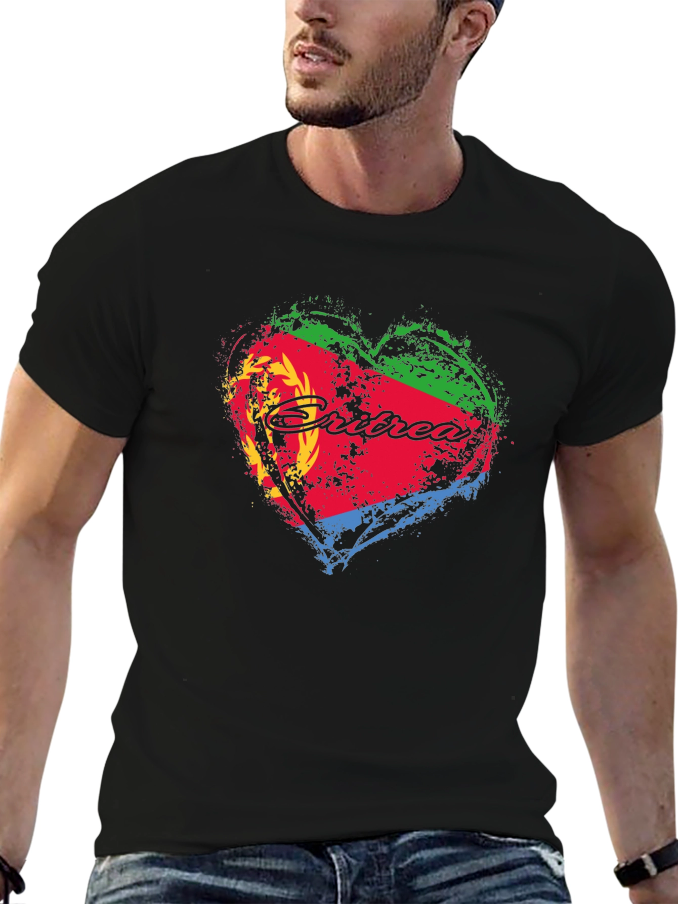 Eritrea Flag Heart Graphic T-Shirt - Black