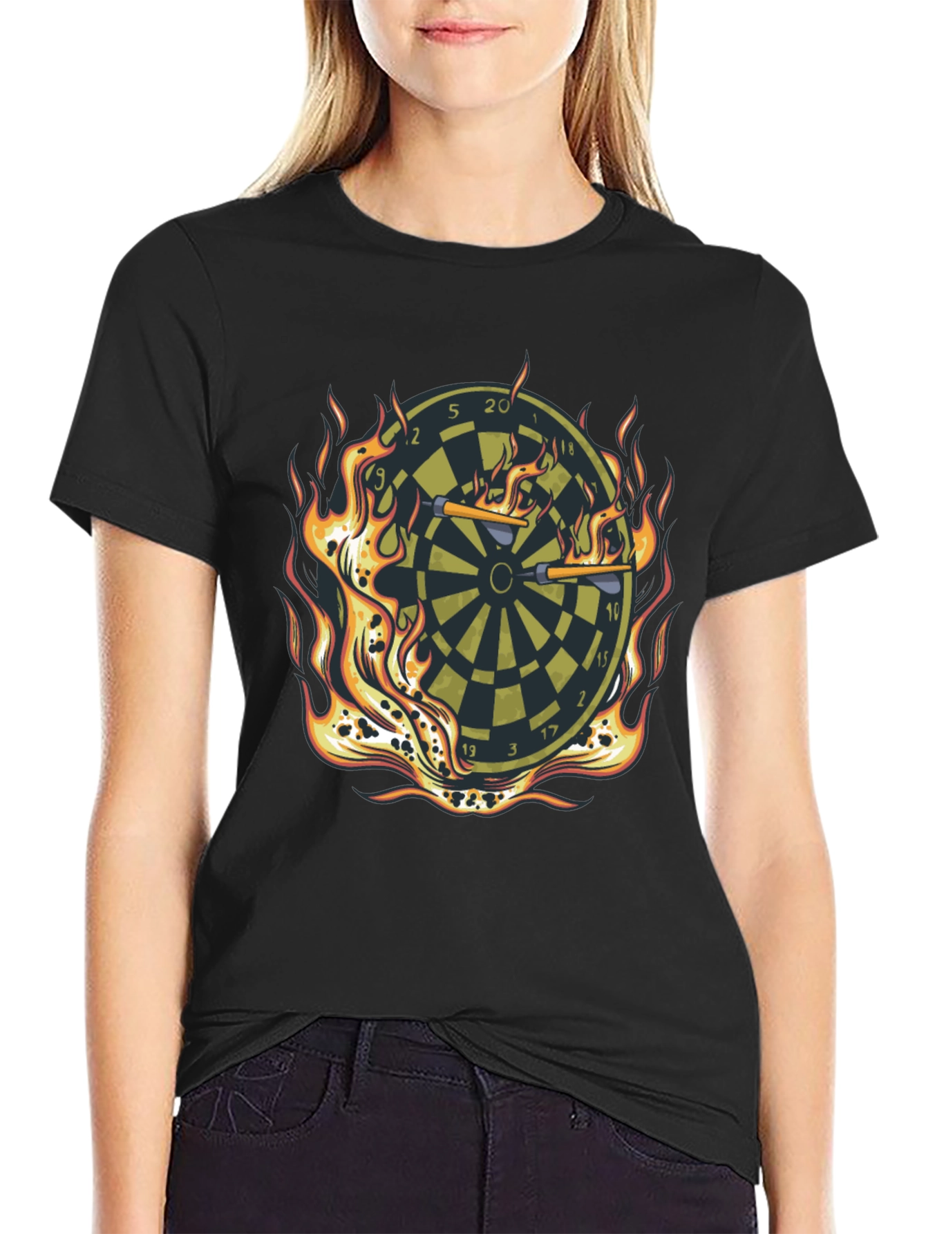 Fiery Dartboard Graphic Tee - Black Cotton T-Shirt