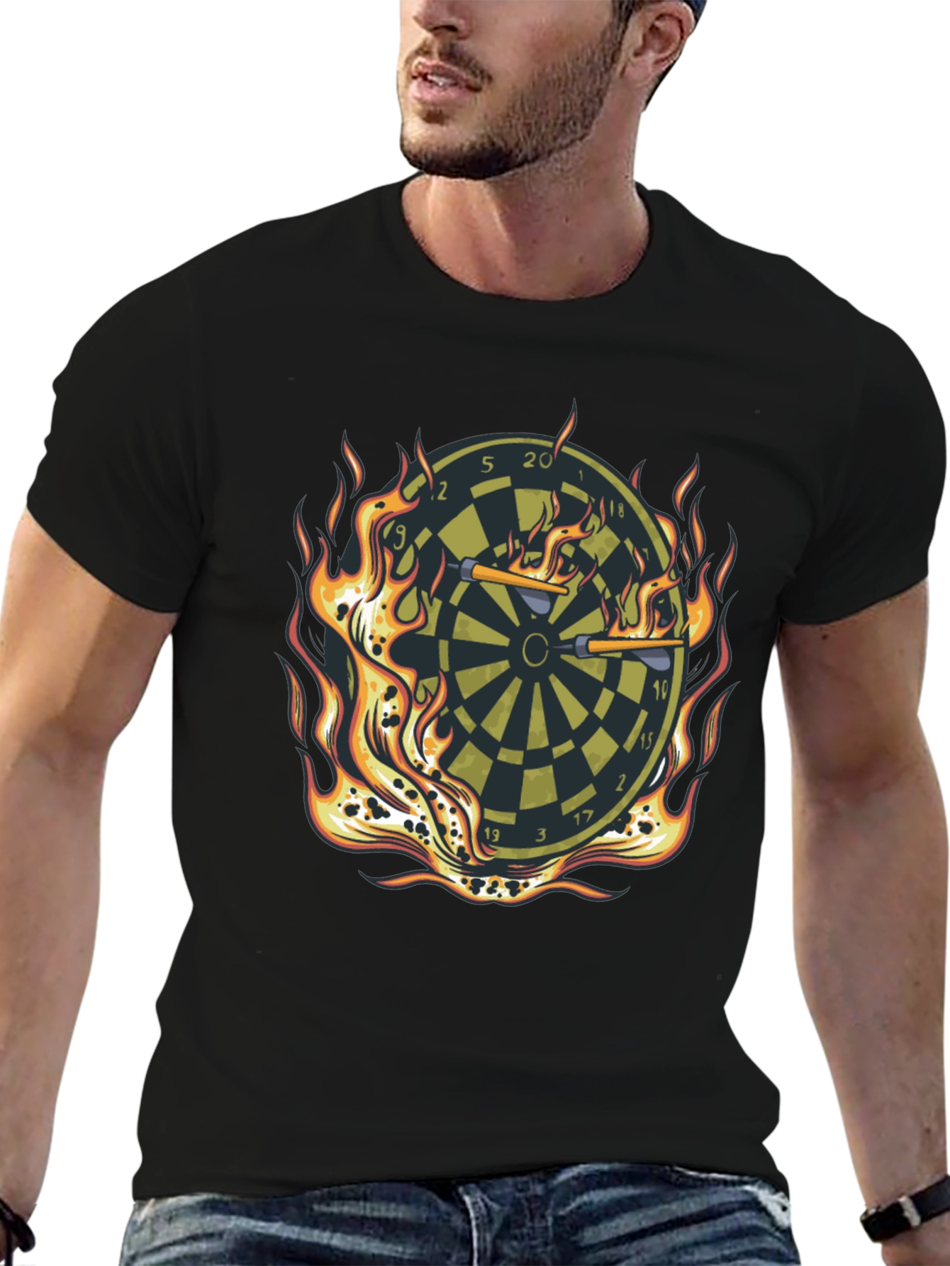 Fiery Dartboard Graphic Tee - Black Cotton T-Shirt