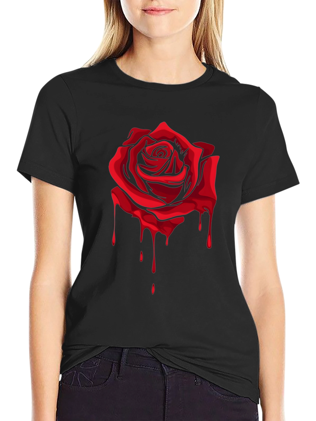 Red Rose Dripping Graphic Black T-Shirt
