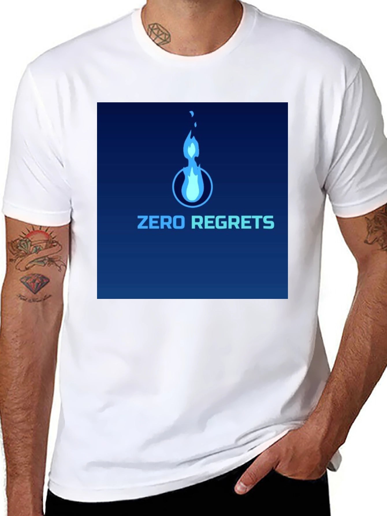 Zero Regrets Graphic Tee - Stylish Blue Flame Design