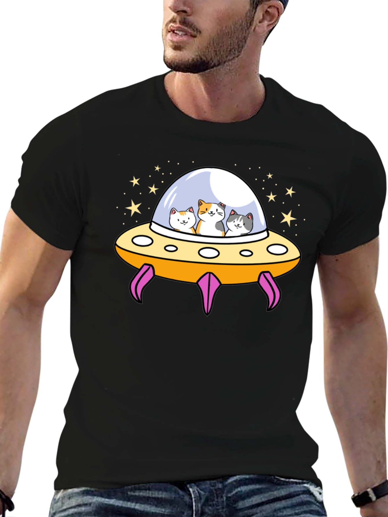Cats in UFO T-Shirt - Black Graphic Tee