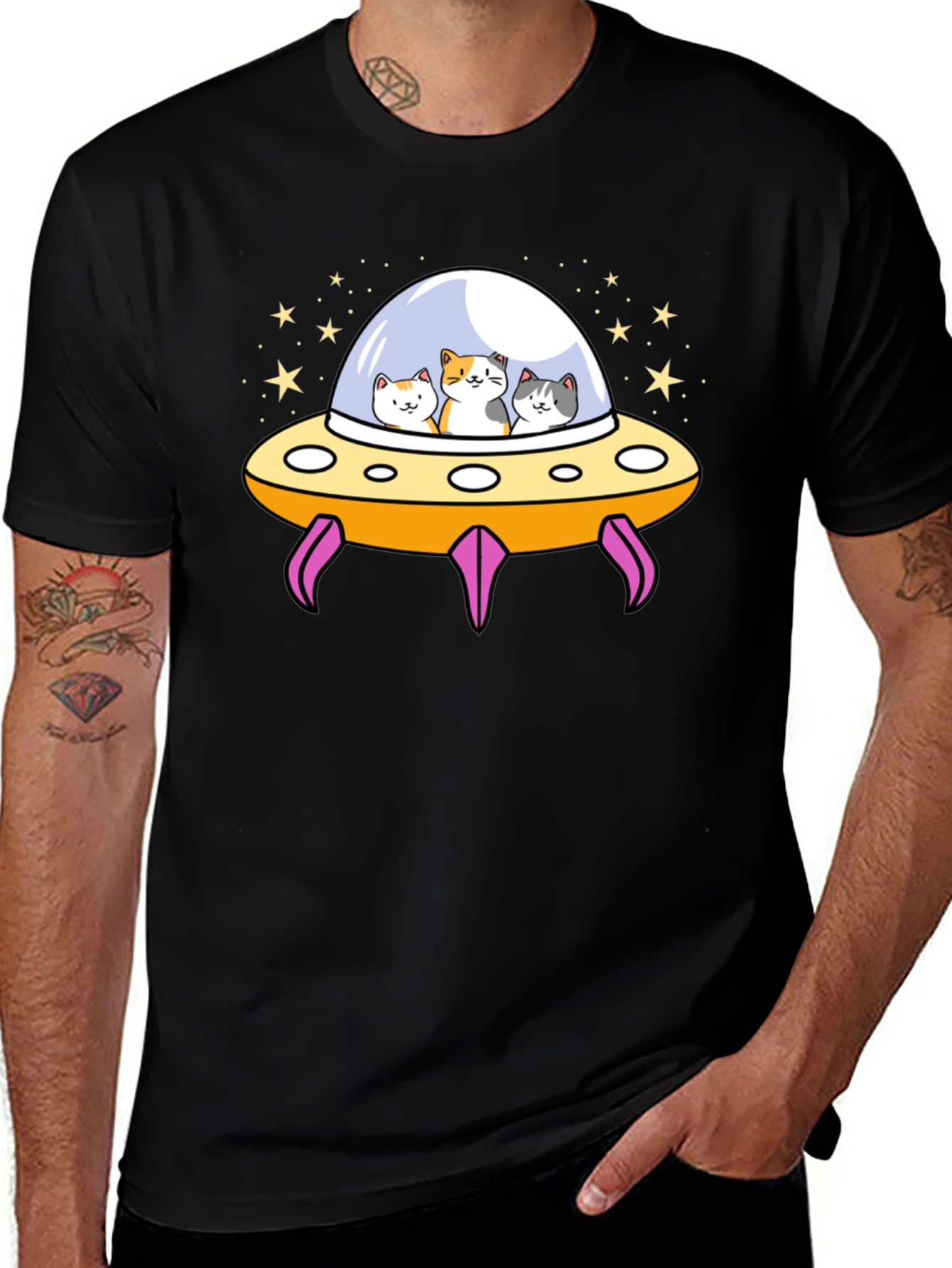Cats in UFO T-Shirt - Black Graphic Tee