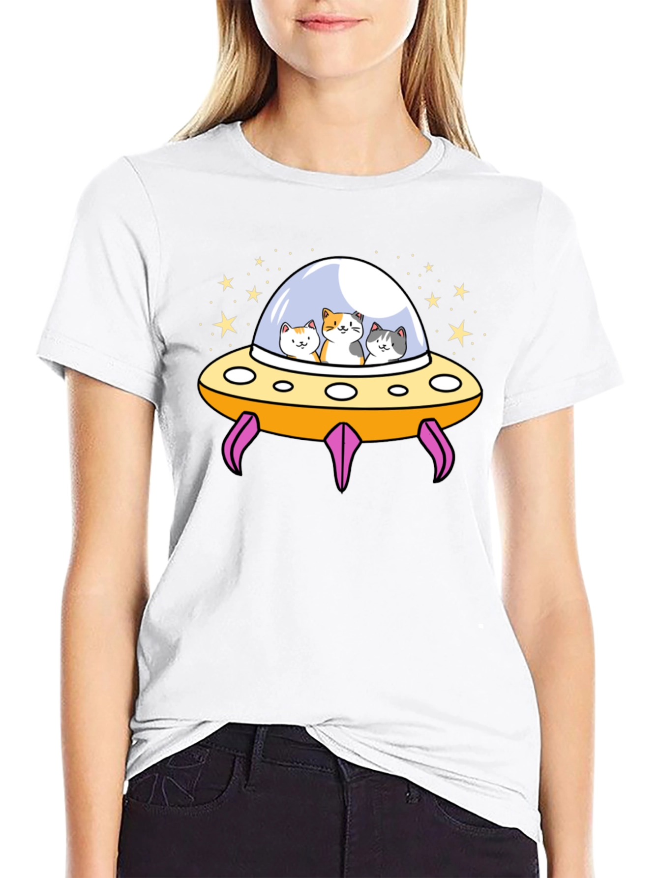 Cats in UFO T-Shirt - Black Graphic Tee