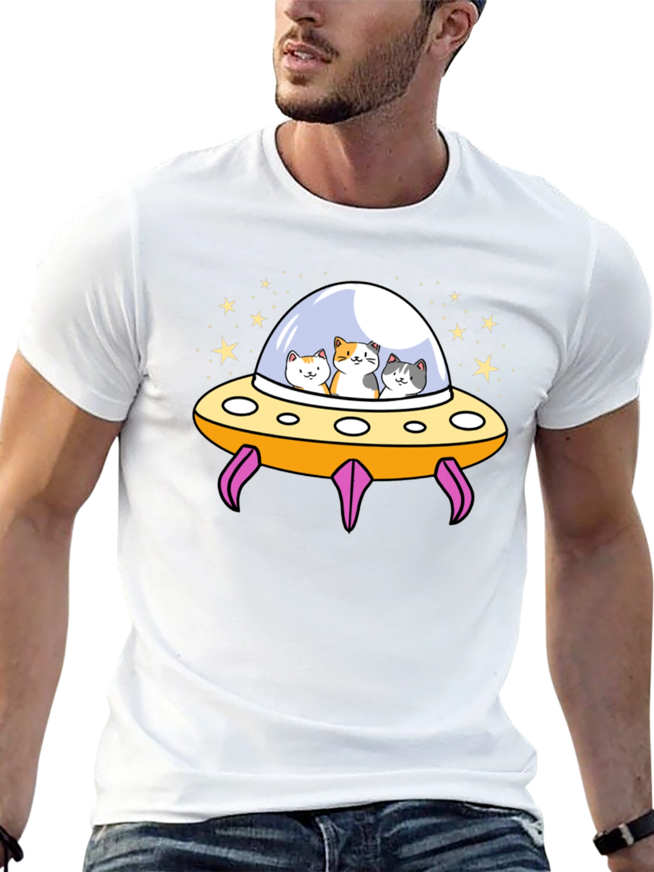 Cats in UFO T-Shirt - Black Graphic Tee