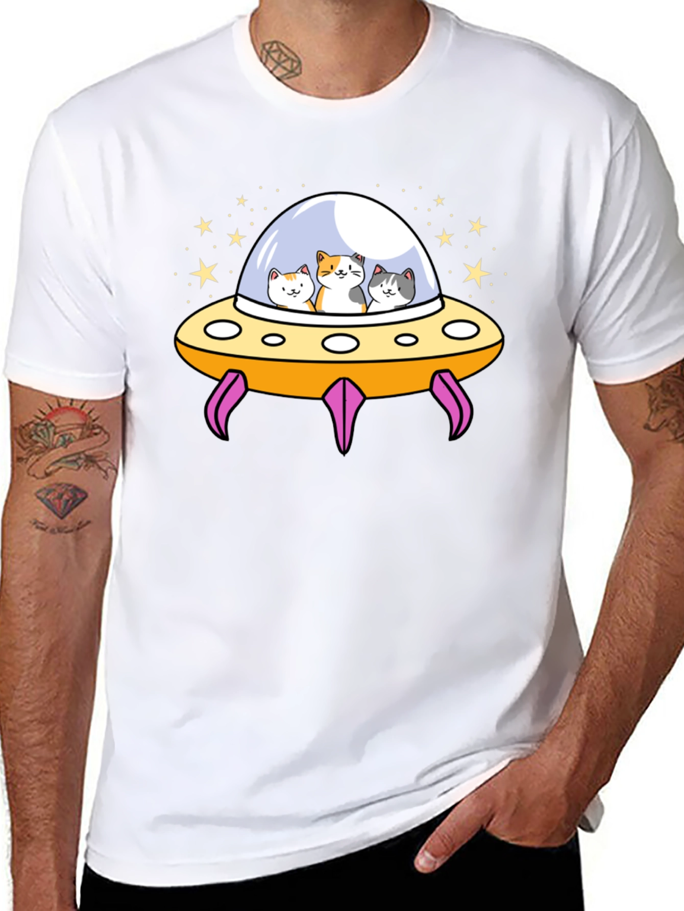 Cats in UFO T-Shirt - Black Graphic Tee