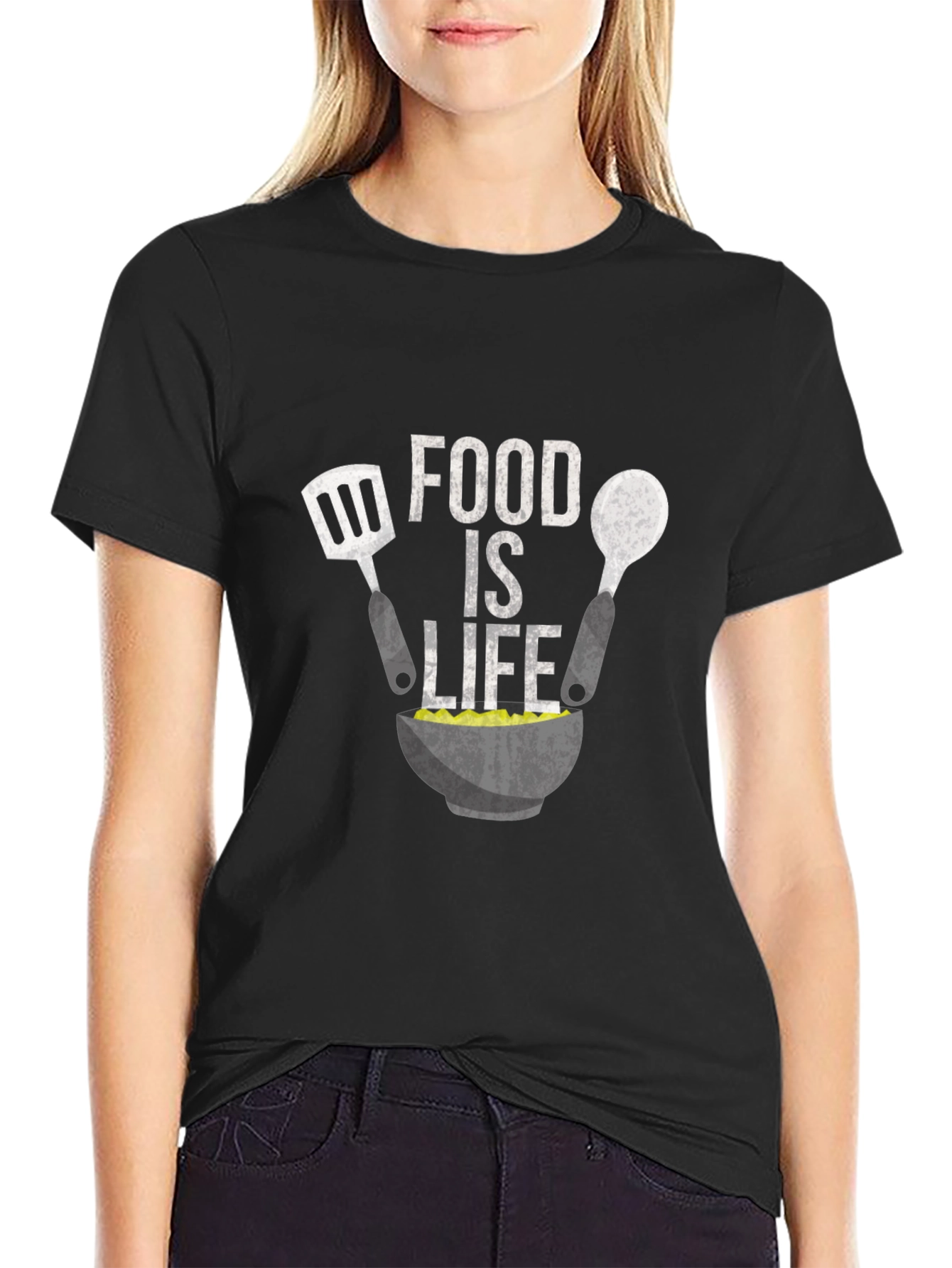 Food Is Life Graphic Tee - Black Crewneck T-Shirt