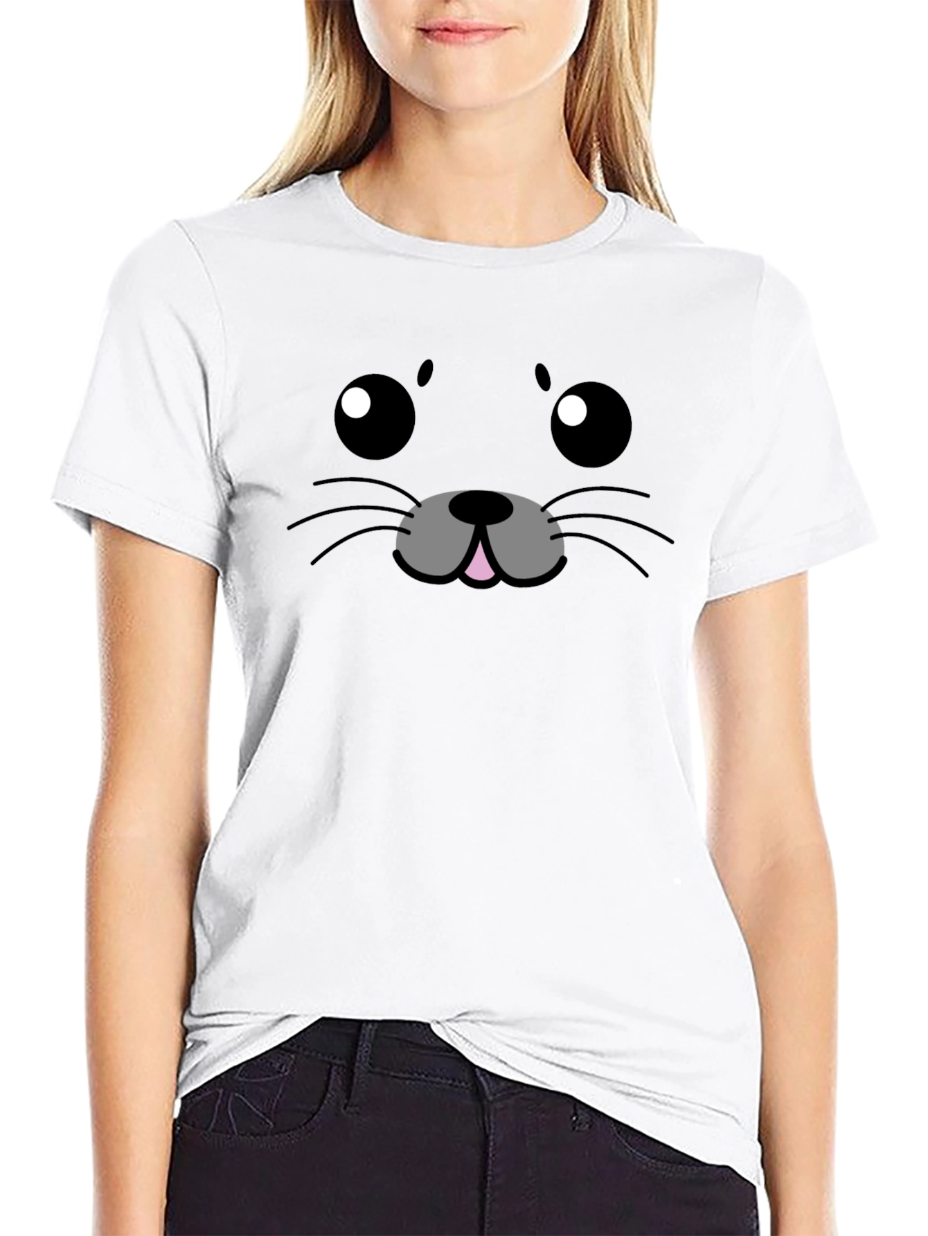 Cute Cartoon Seal Face Black T-Shirt
