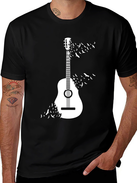 Guitar & Birds Graphic T-Shirt - Casual Cotton Tee
