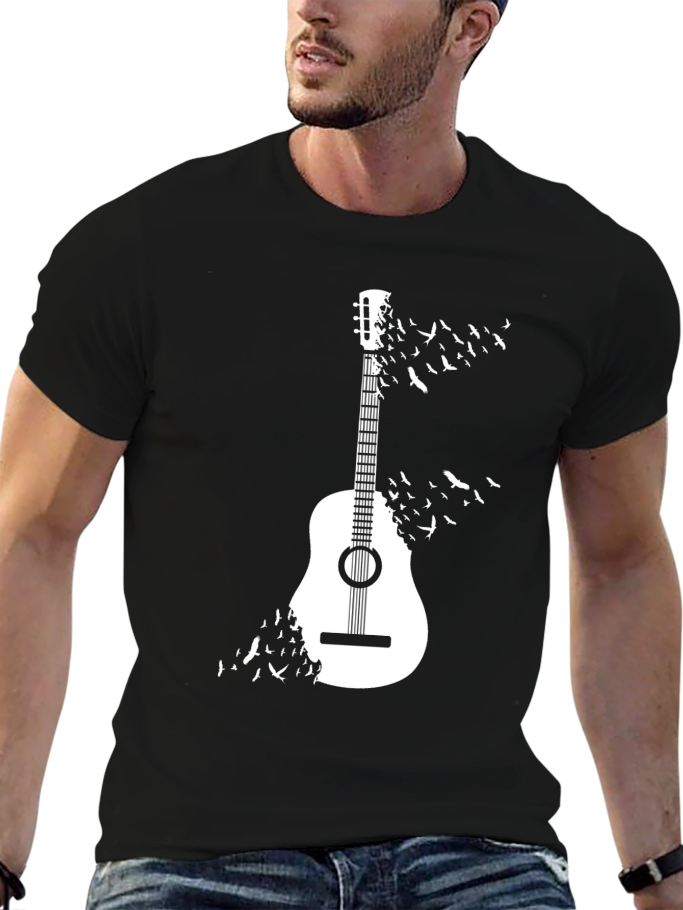 Guitar & Birds Graphic T-Shirt - Casual Cotton Tee