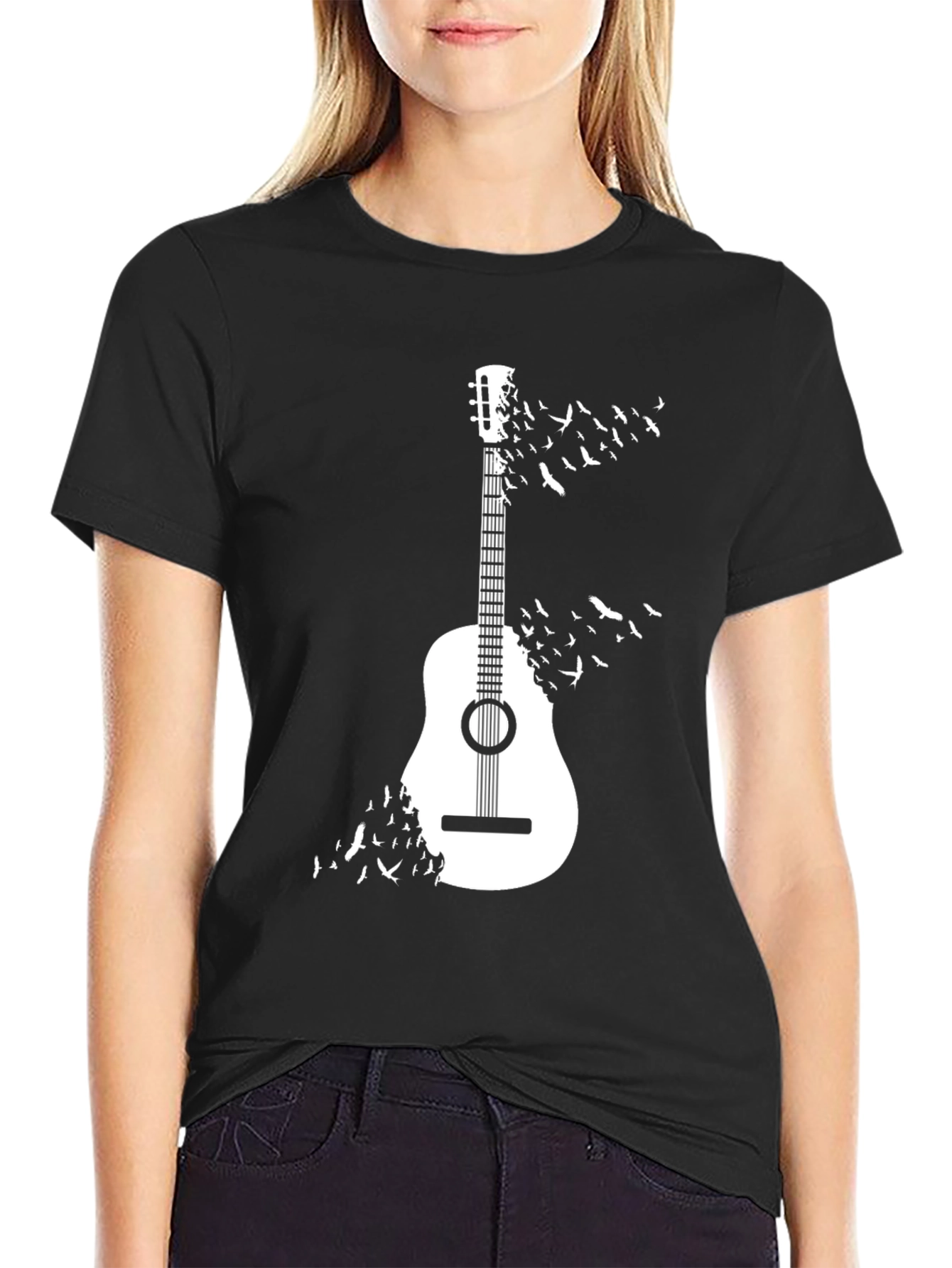 Guitar & Birds Graphic T-Shirt - Casual Cotton Tee