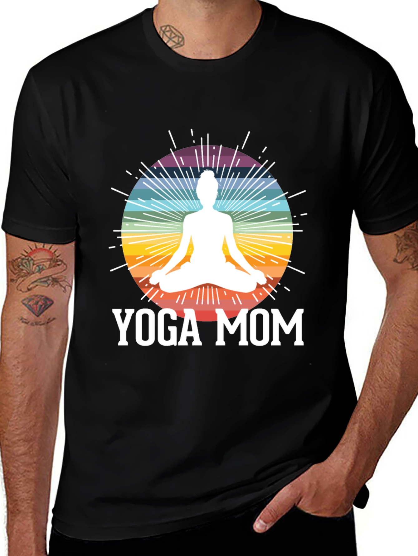 Yoga Mom Black T-Shirt - Meditation Rainbow Design