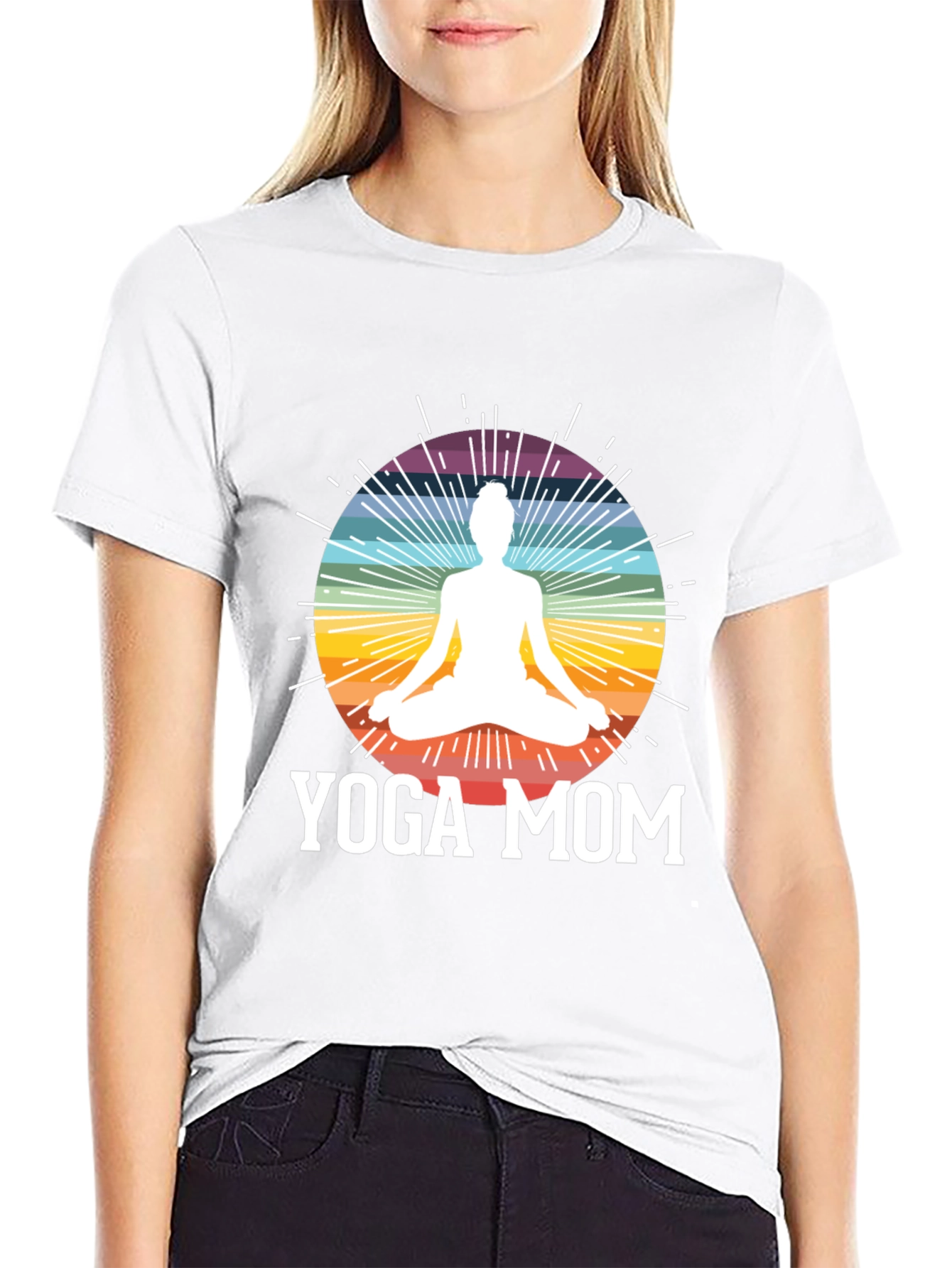 Yoga Mom Black T-Shirt - Meditation Rainbow Design