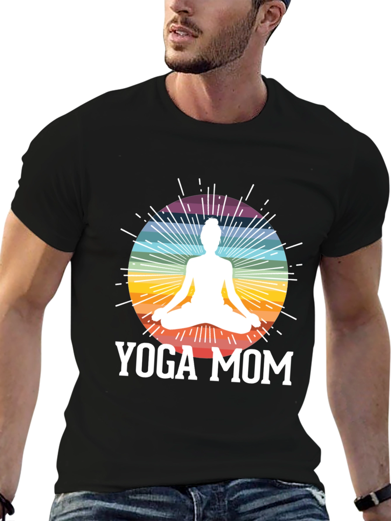 Yoga Mom Black T-Shirt - Meditation Rainbow Design