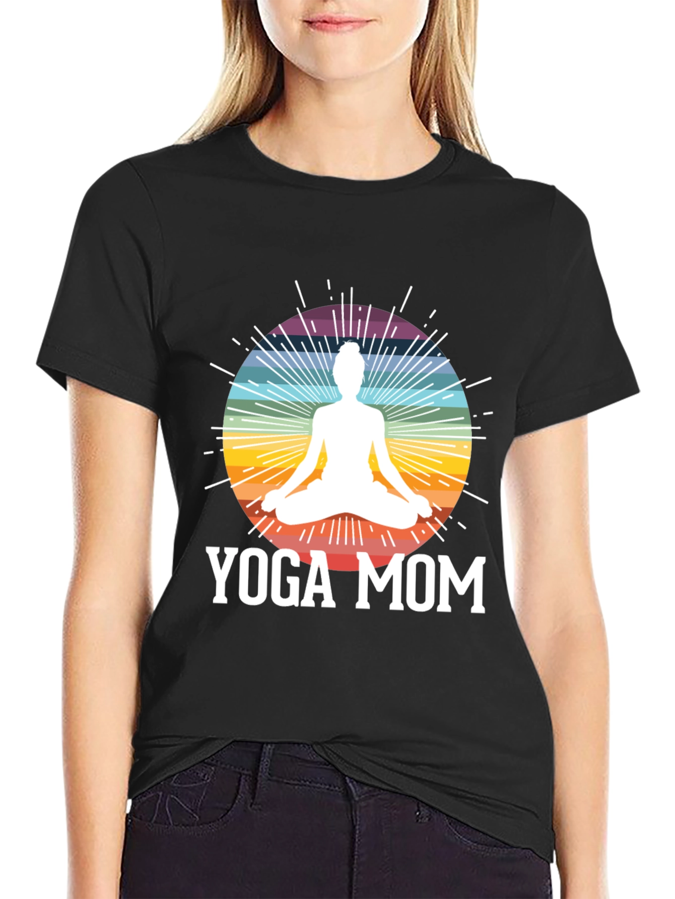 Yoga Mom Black T-Shirt - Meditation Rainbow Design