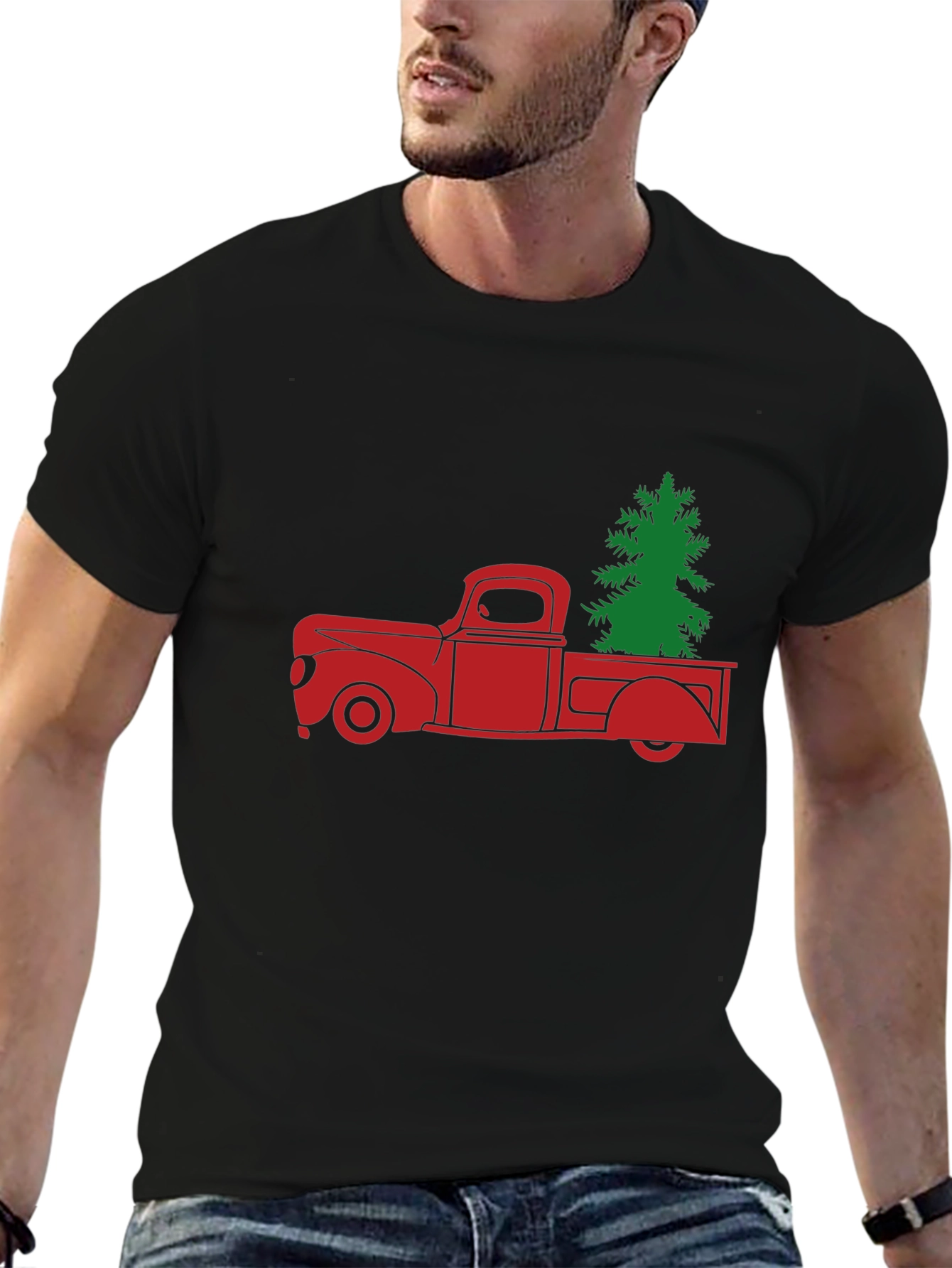 Red Truck Christmas Tree Graphic Tee - Black