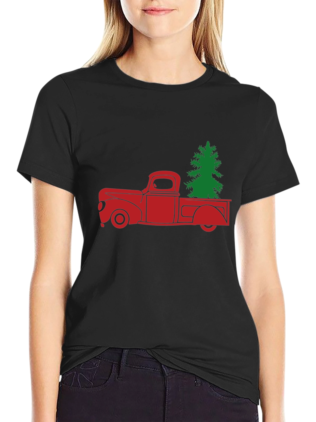 Red Truck Christmas Tree Graphic Tee - Black